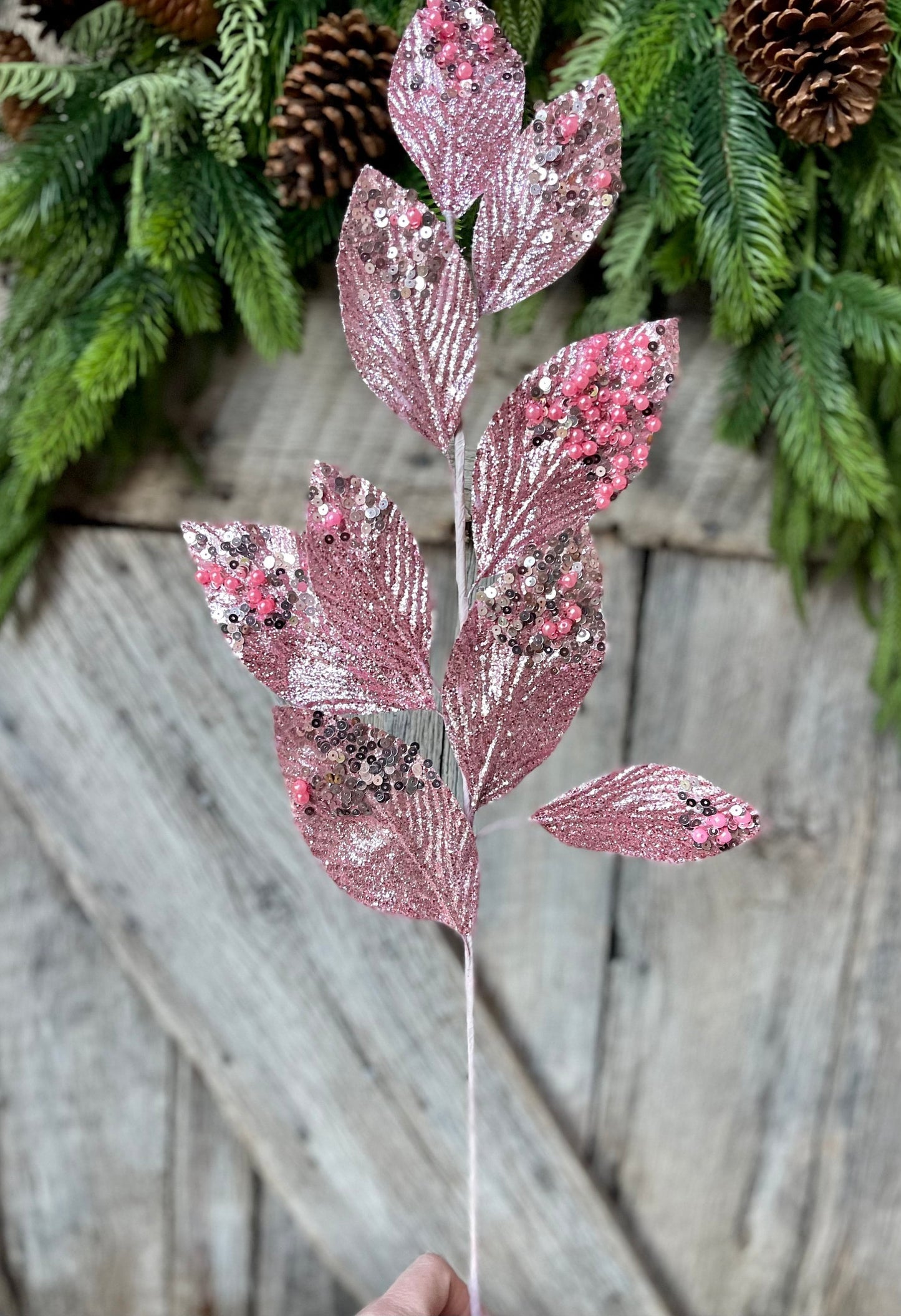 29" Pink Glitter Leaf Spray, Christmas Spray, Christmas Tree Spray, Christmas Picks & Stems