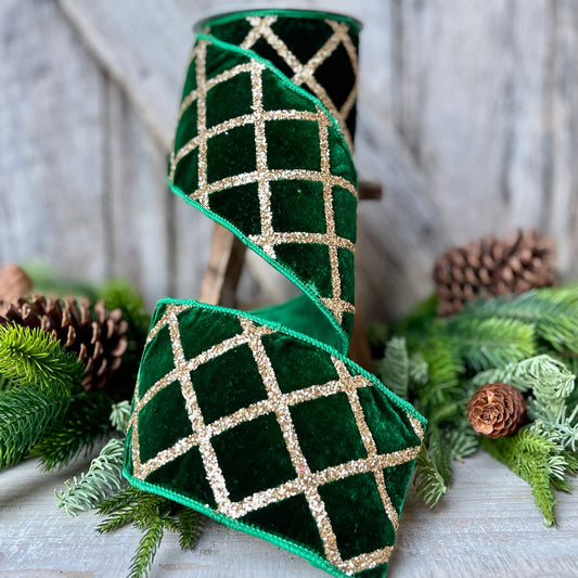 4" Emerald and Green Velvet, Christmas Tree Ribbon