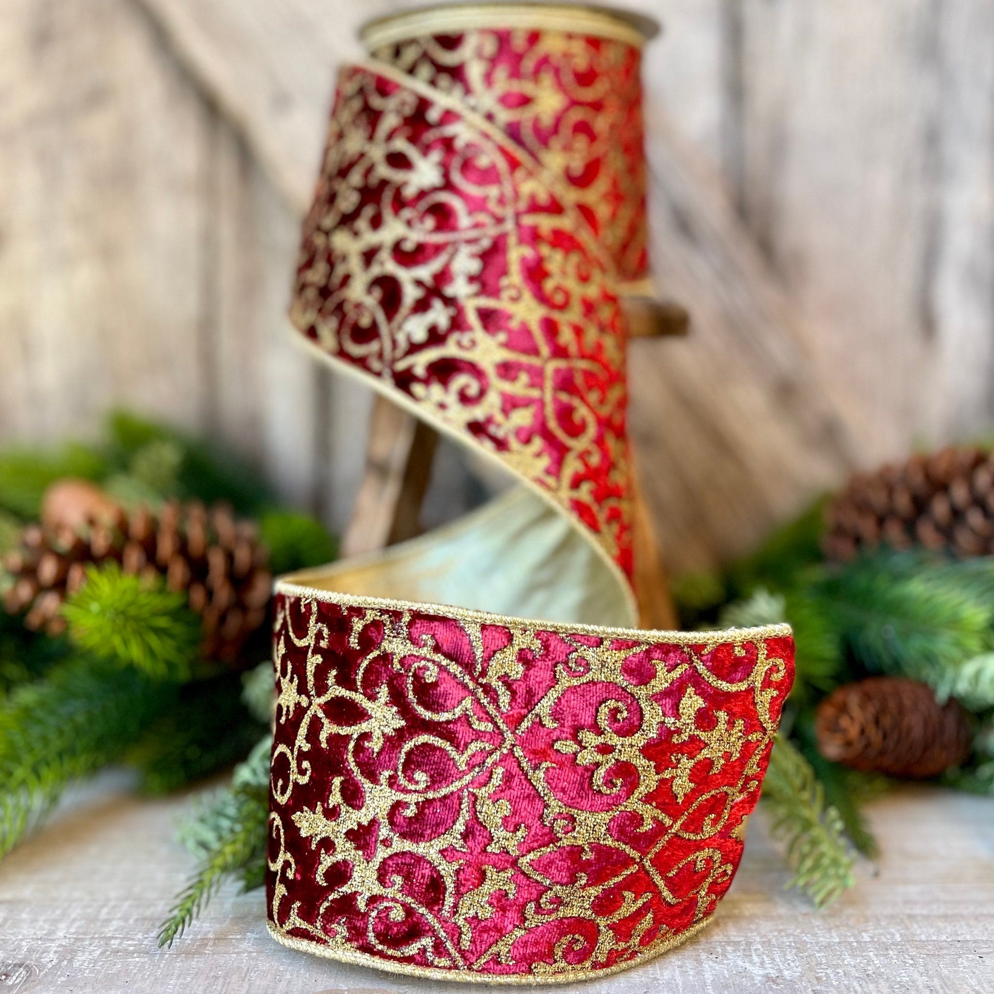 4" Farrisilk Burgundy MINI ACANTHUS Wired Ribbon, Burugundy Gold Christmas Ribbon