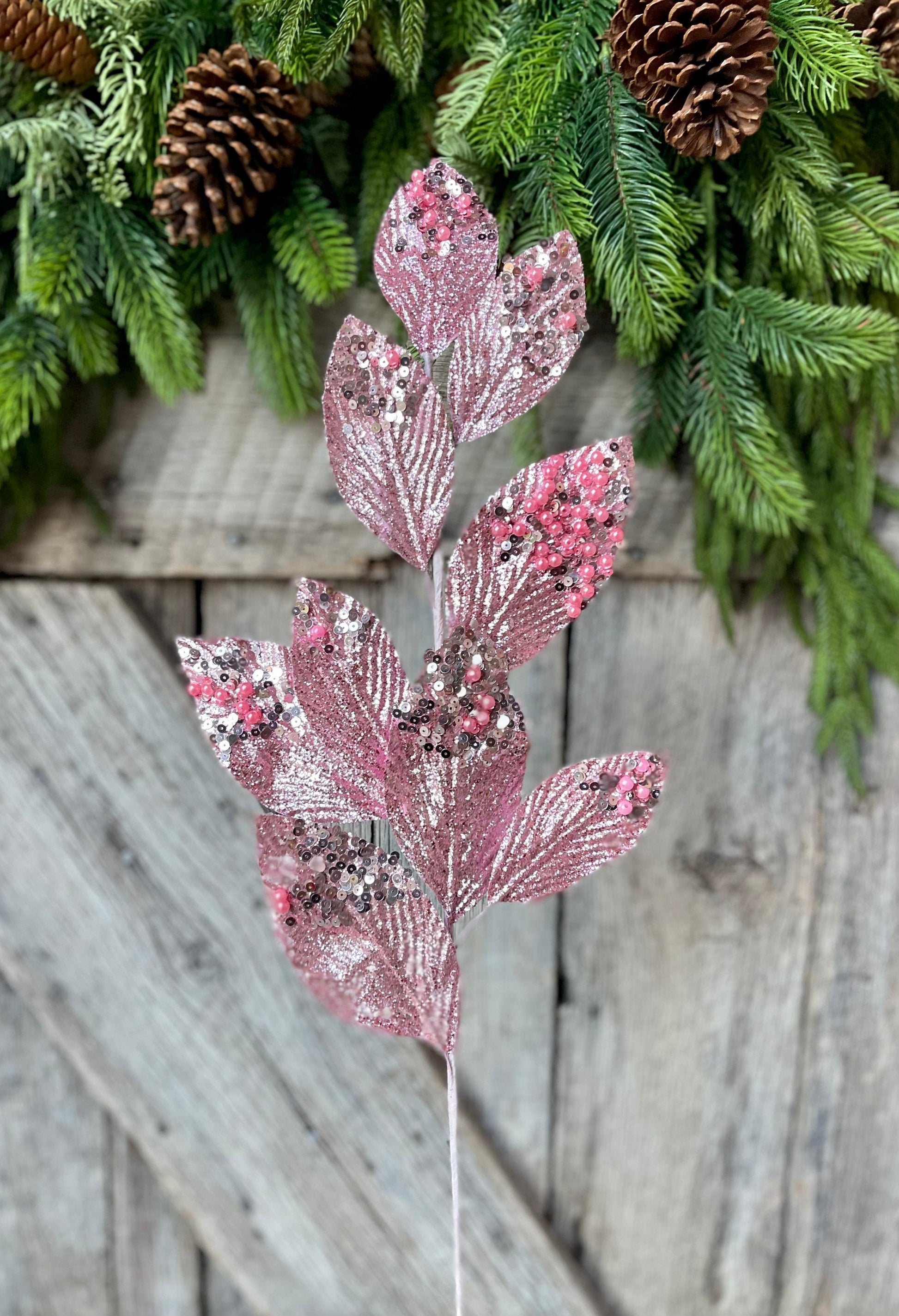 29" Pink Glitter Leaf Spray, Christmas Spray, Christmas Tree Spray, Christmas Picks & Stems