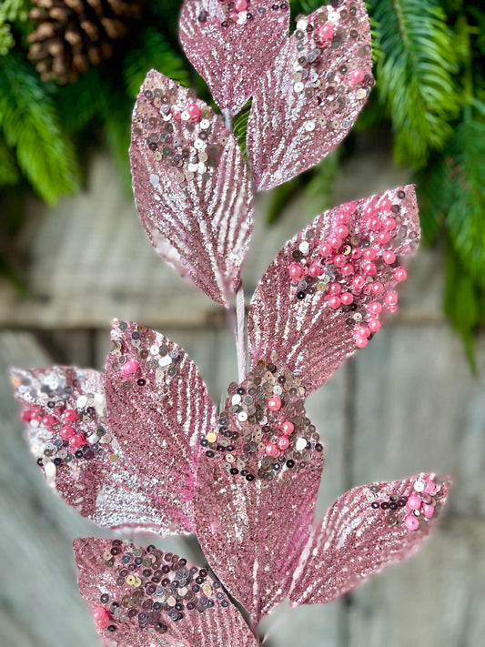 29" Pink Glitter Leaf Spray, Christmas Spray, Christmas Tree Spray, Christmas Picks & Stems