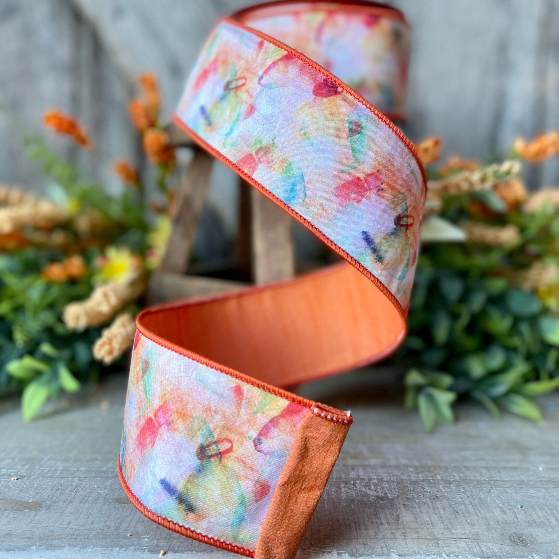 2.5&quot; Orange Abstract Butterfly by Farrisilk, Spring Ribbon, Butterfly Ribbon, Watercolor Ribbon, Orange Ribbon, Wired RIbbon