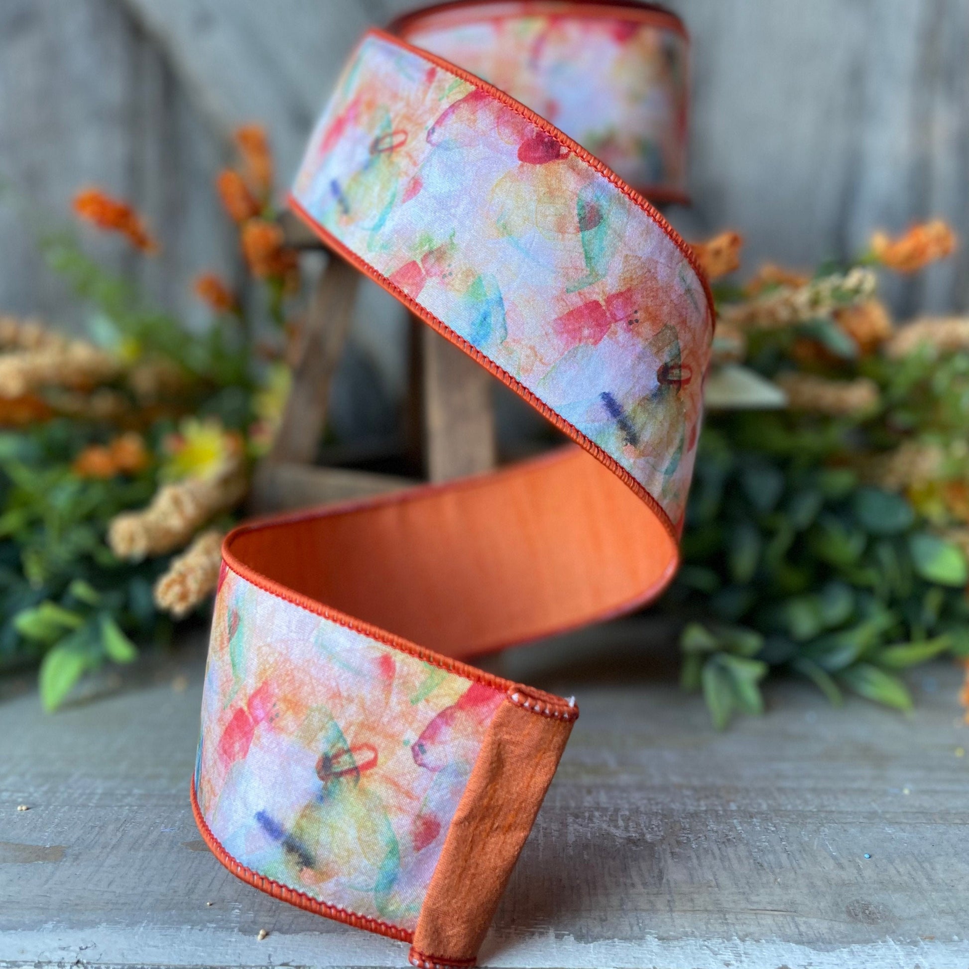 2.5&quot; Orange Abstract Butterfly by Farrisilk, Spring Ribbon, Butterfly Ribbon, Watercolor Ribbon, Orange Ribbon, Wired RIbbon