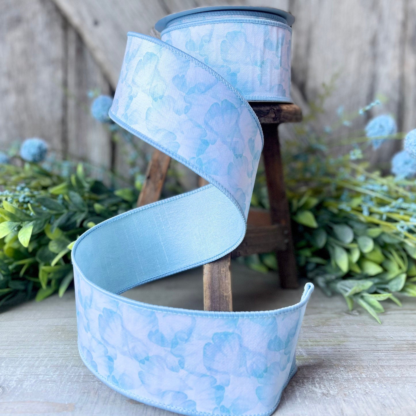 2.5&quot; Blue Leaflet Spring Wired Ribbon by Farrisilk, Blue Ribbon, Spring Ribbon, Easter Ribbon,Blue Floral Ribbon, Wired Ribbon, Craft Supply