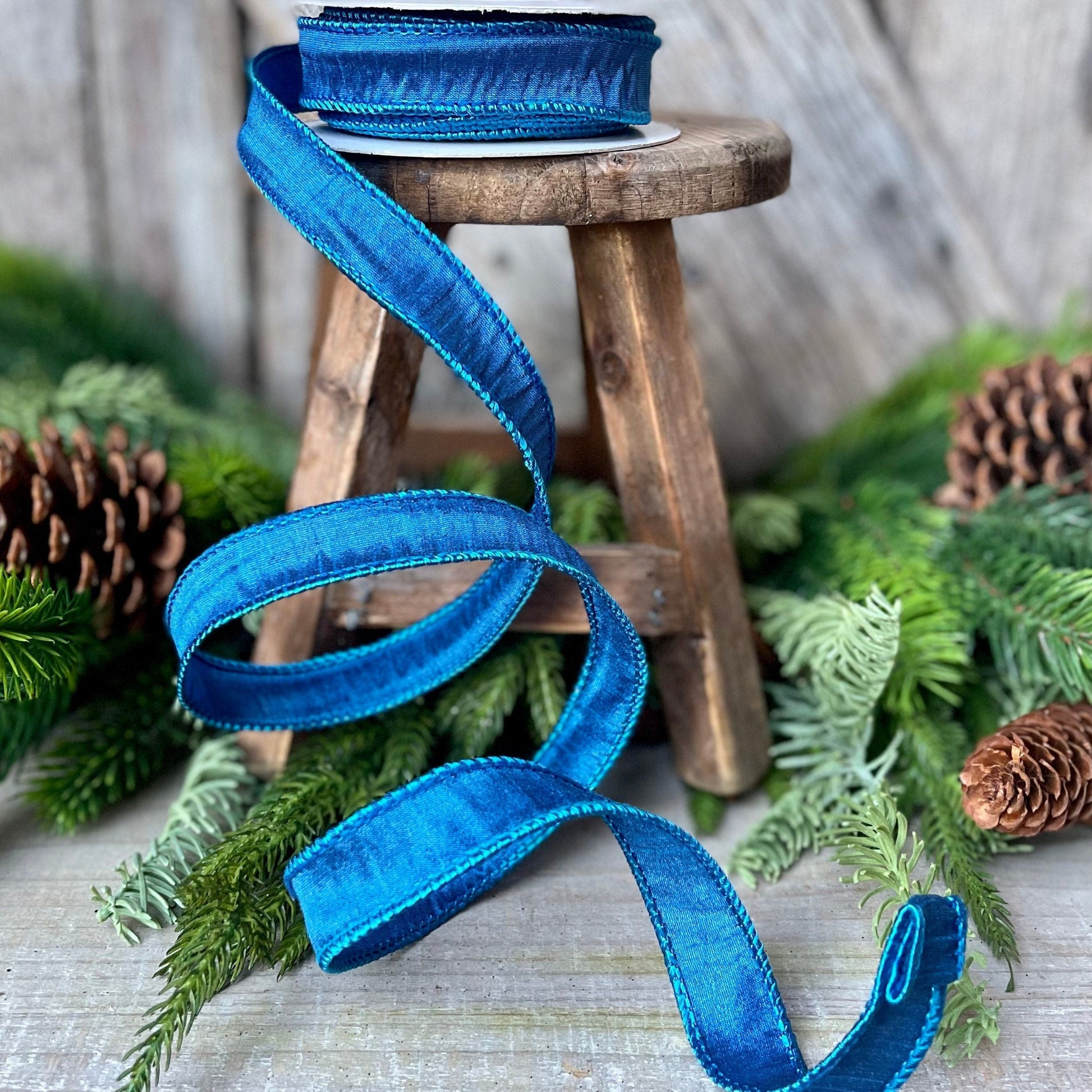 7/8&quot; Blue Turquoise Wired Ribbon, Dupioni Ribbon, Narrow Ribbon, Wreath Supply