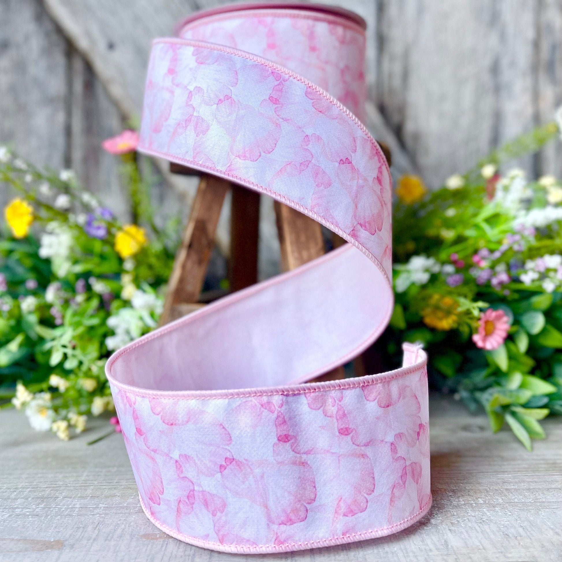 2.5&quot; Pink Leaflet Spring Wired Ribbon by Farrisilk, Pink Ribbon, Spring Ribbon, Easter Ribbon,Pink Floral Ribbon, Wired Ribbon, Craft Supply