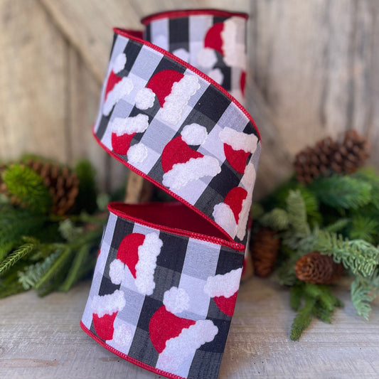 4&quot; Santa Hats on Checks, Christmas Tree Ribbon, Black and White Checks, Farrisilk Ribbon, Wired RIbbon, Christmas Tree Ribbon, Santa Decor