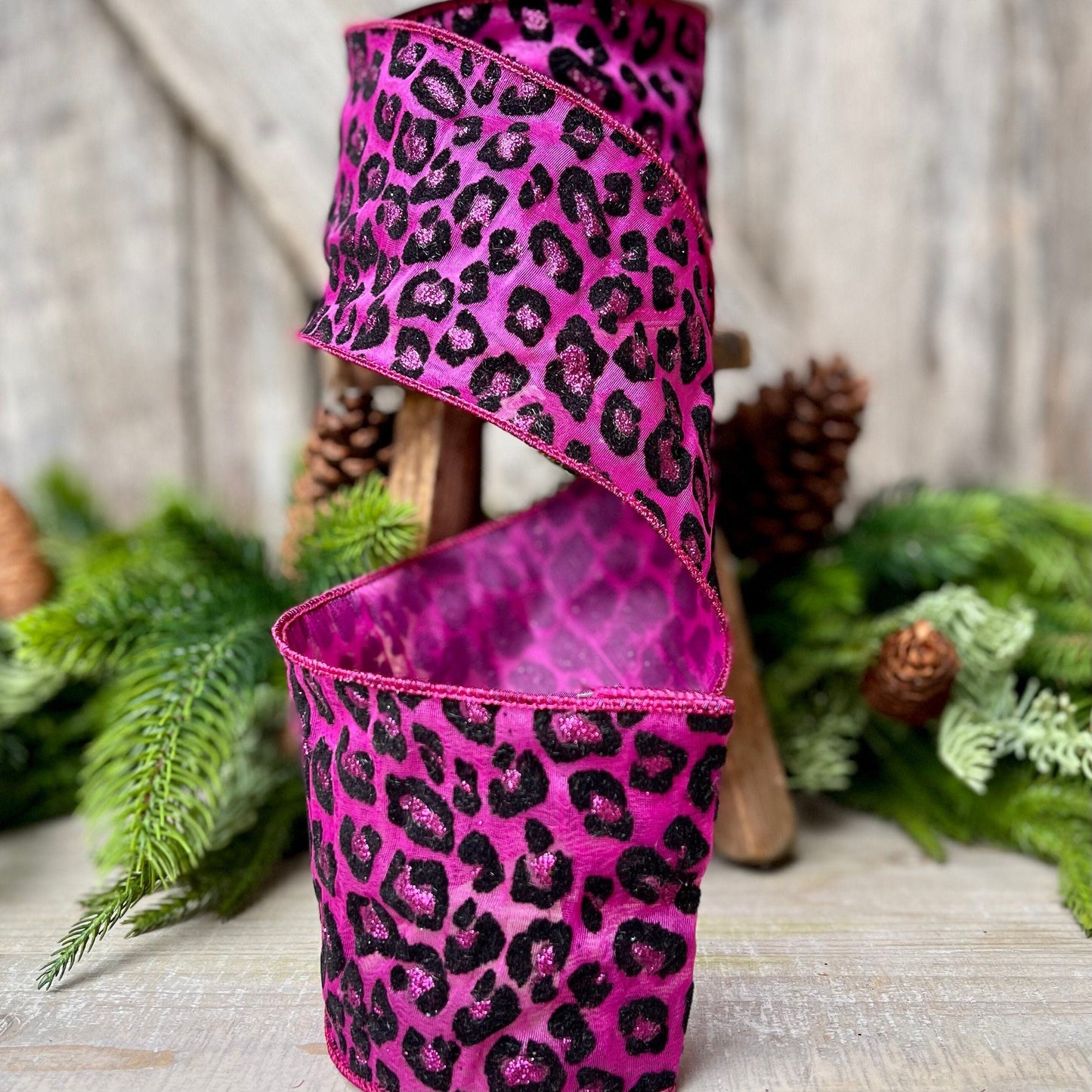 4&quot; Hot Pink Cheetah Leopard Ribbon by Farrisilk, Wired Ribbon, Christmas Ribbon, Hot Pink Ribbon, Pink and Black Ribbon, Seasonal Decor