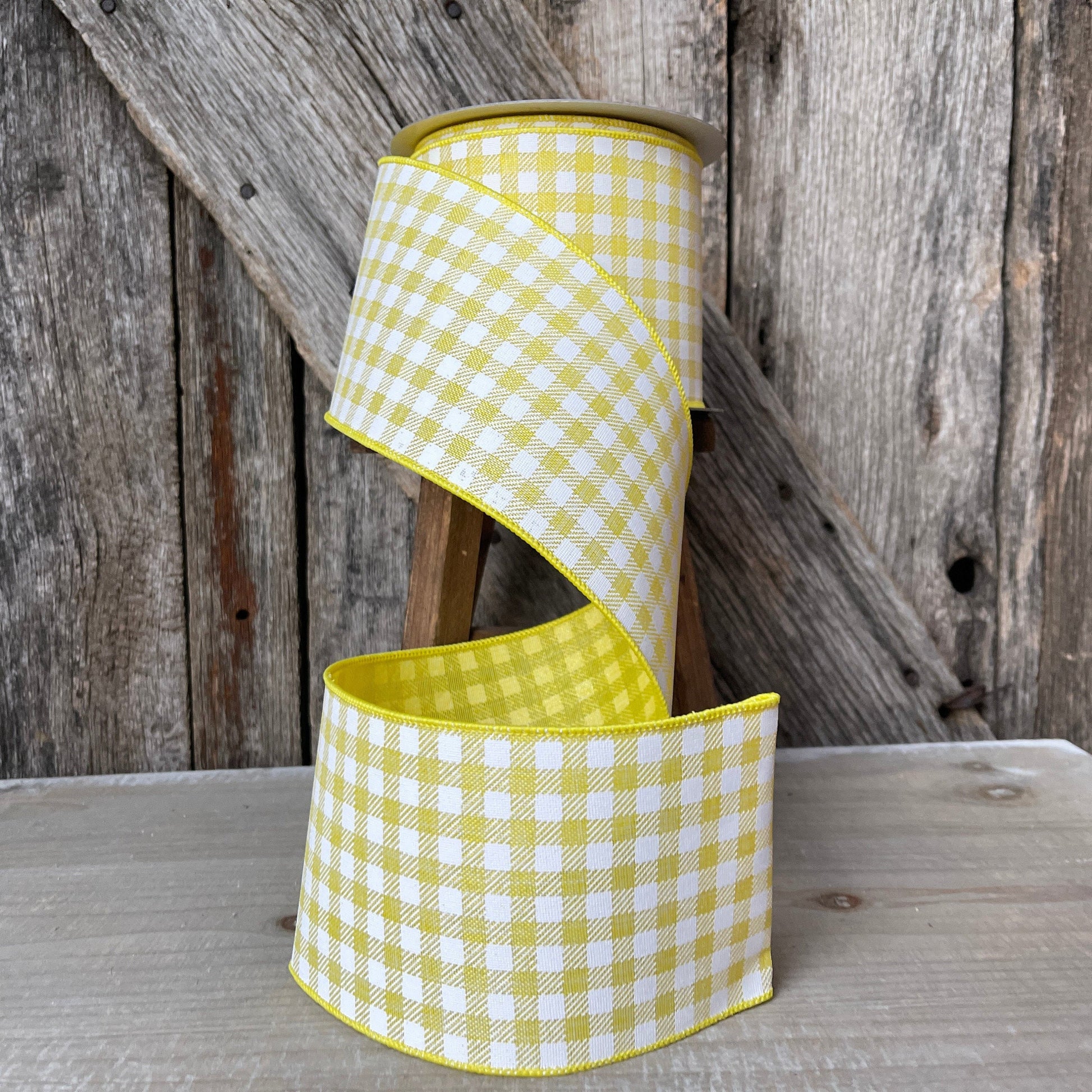 4 inch ribbon yellow picnic checks, luxury ribbon, yellow burlap ribbon, wired ribbon, summer ribbon