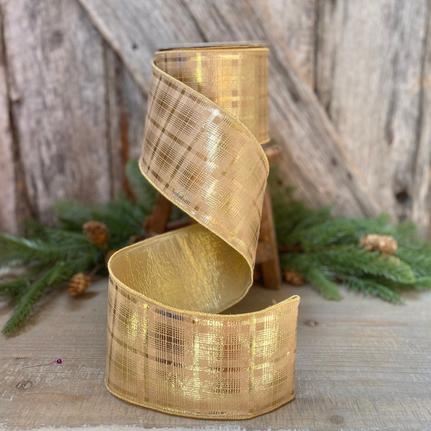 4&quot; Farrisilk Flashy Gold Plaid Wired Ribbon, Christmas Tree Ribbon, Metallic Gold Ribbon, Champagne Gold Ribbon, Wired Ribbon, Christmas