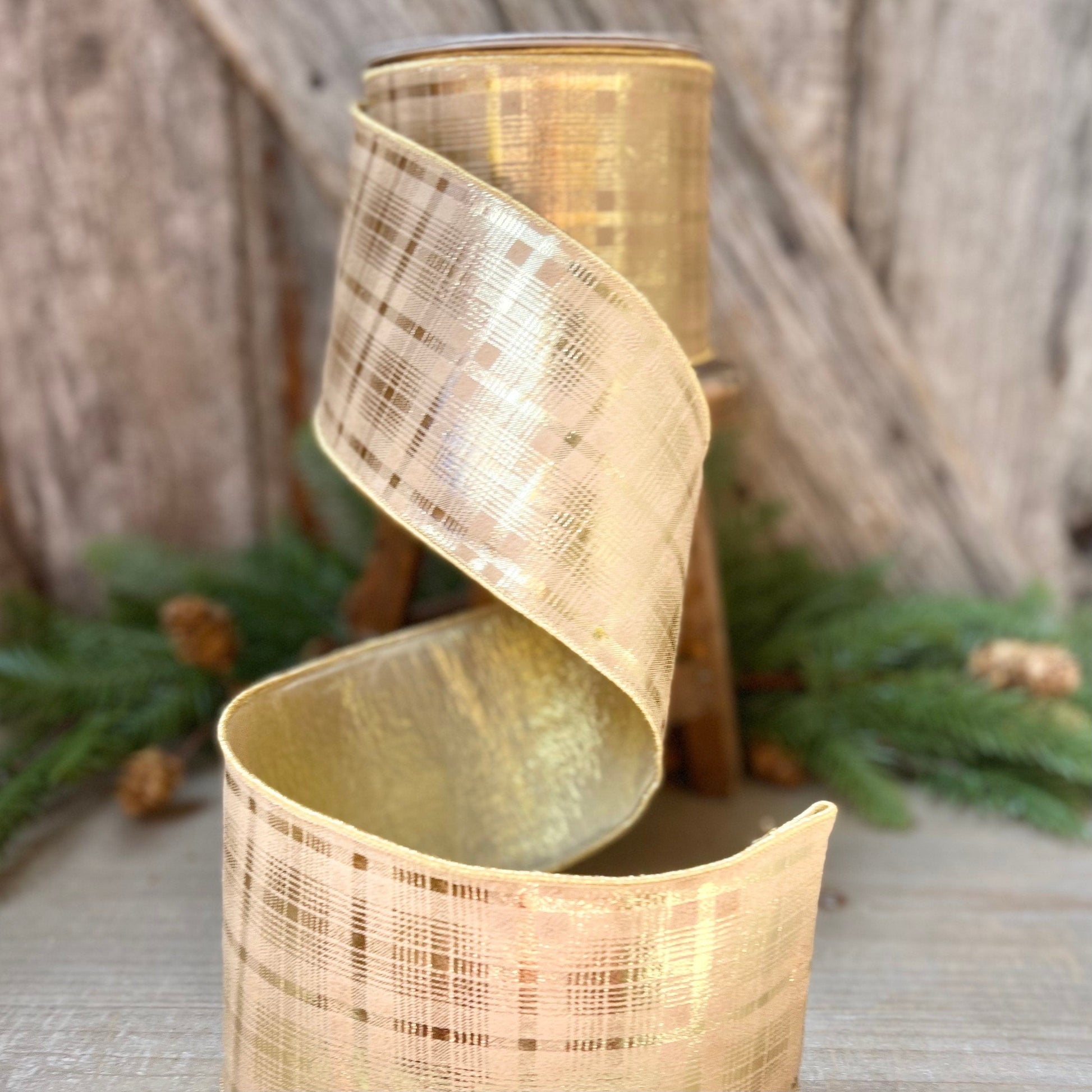 4&quot; Farrisilk Flashy Gold Plaid Wired Ribbon, Christmas Tree Ribbon, Metallic Gold Ribbon, Champagne Gold Ribbon, Wired Ribbon, Christmas