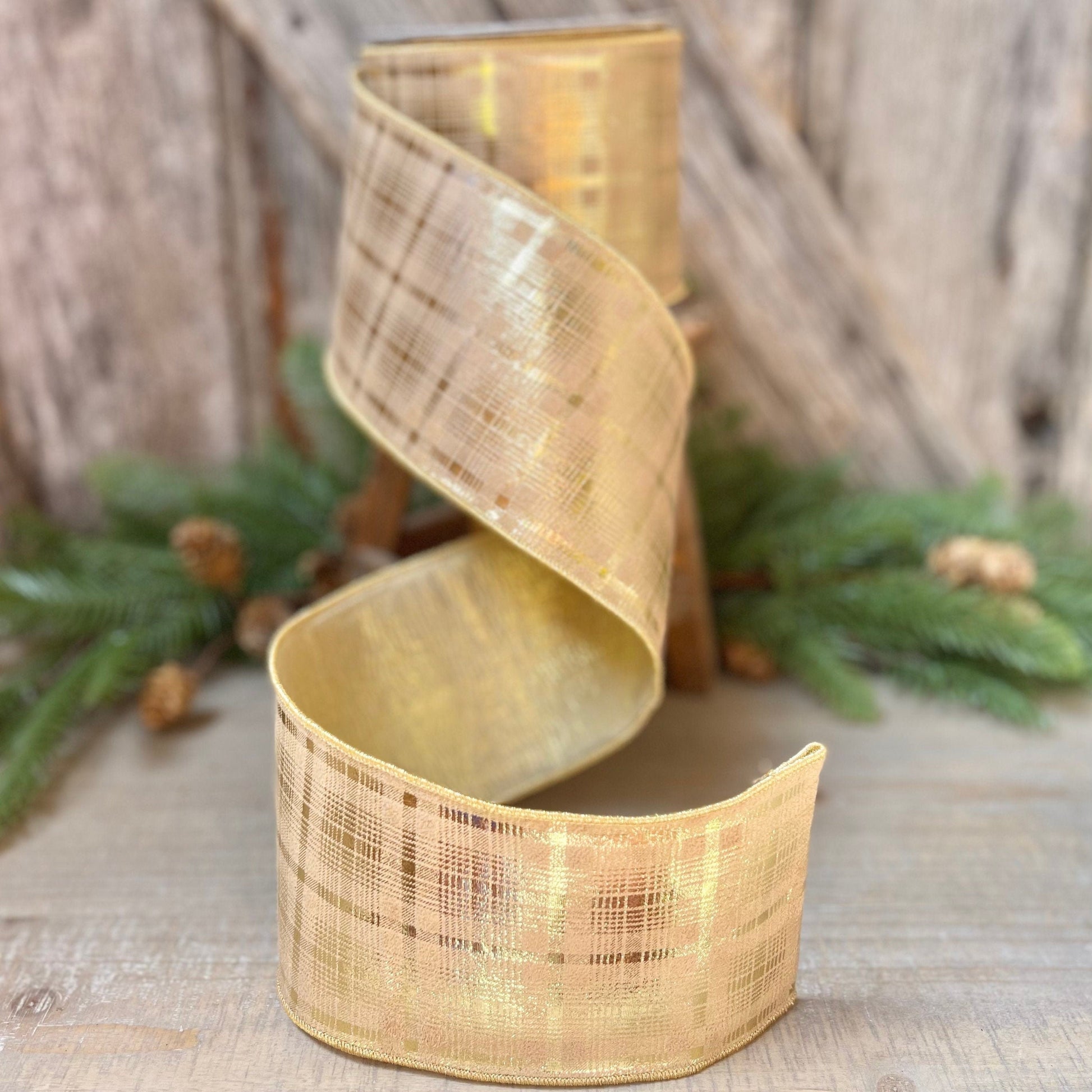 4&quot; Farrisilk Flashy Gold Plaid Wired Ribbon, Christmas Tree Ribbon, Metallic Gold Ribbon, Champagne Gold Ribbon, Wired Ribbon, Christmas