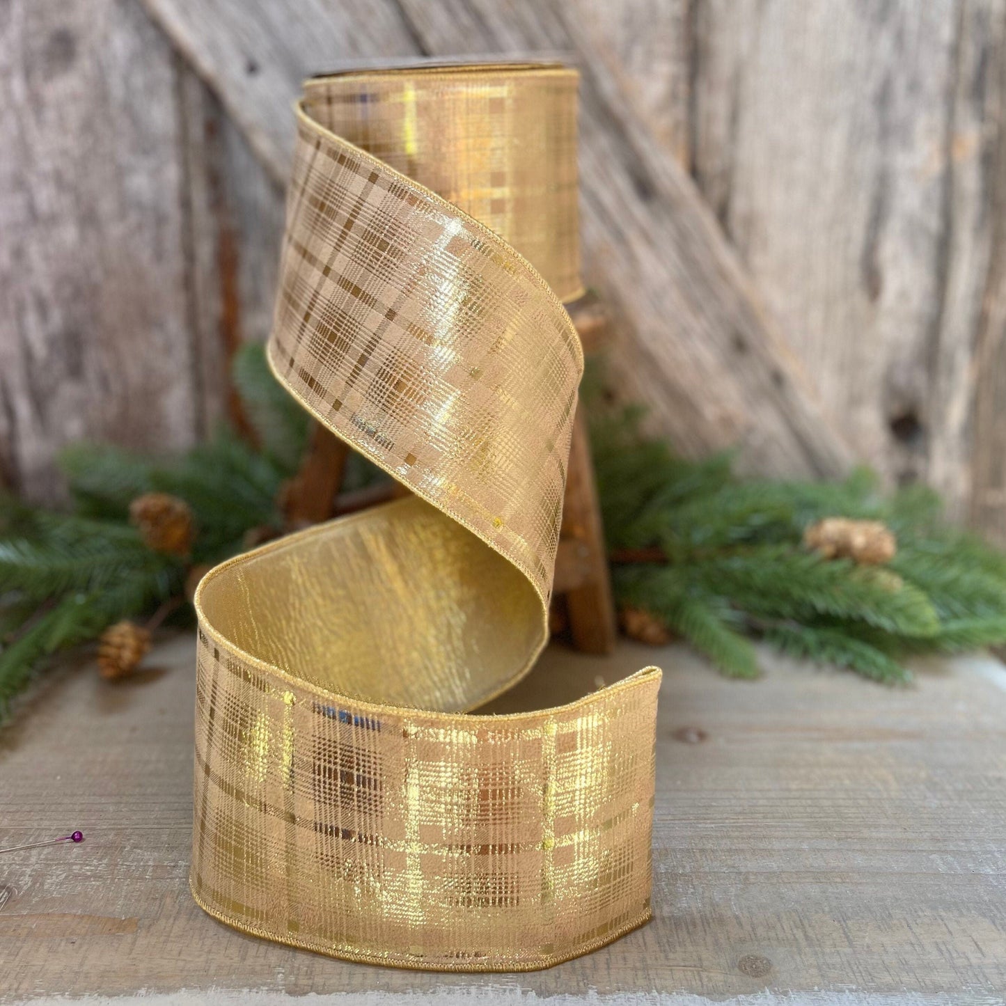 4&quot; Farrisilk Flashy Gold Plaid Wired Ribbon, Christmas Tree Ribbon, Metallic Gold Ribbon, Champagne Gold Ribbon, Wired Ribbon, Christmas