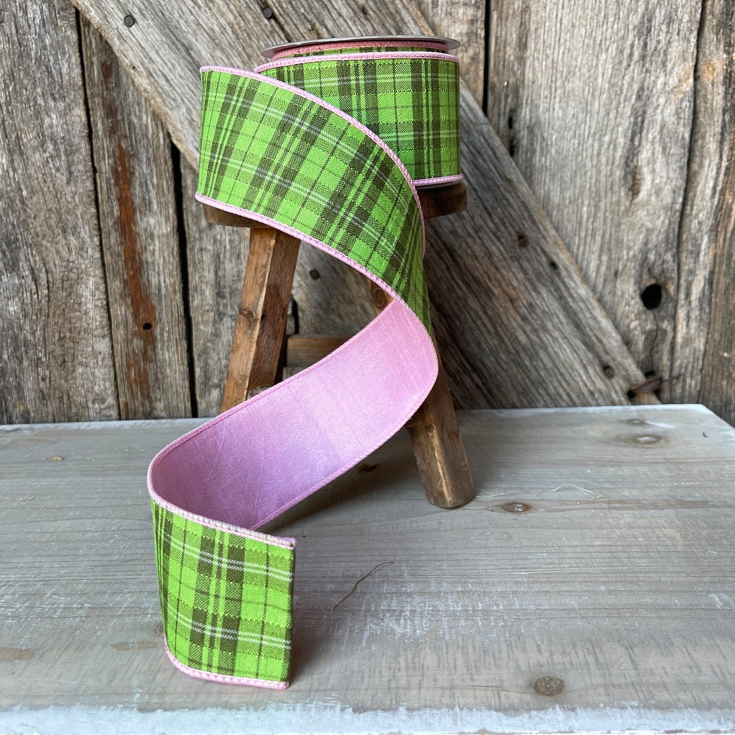 2.5&quot; Farrisilk Wired Ribbon with Green Plaid and Pink Backing