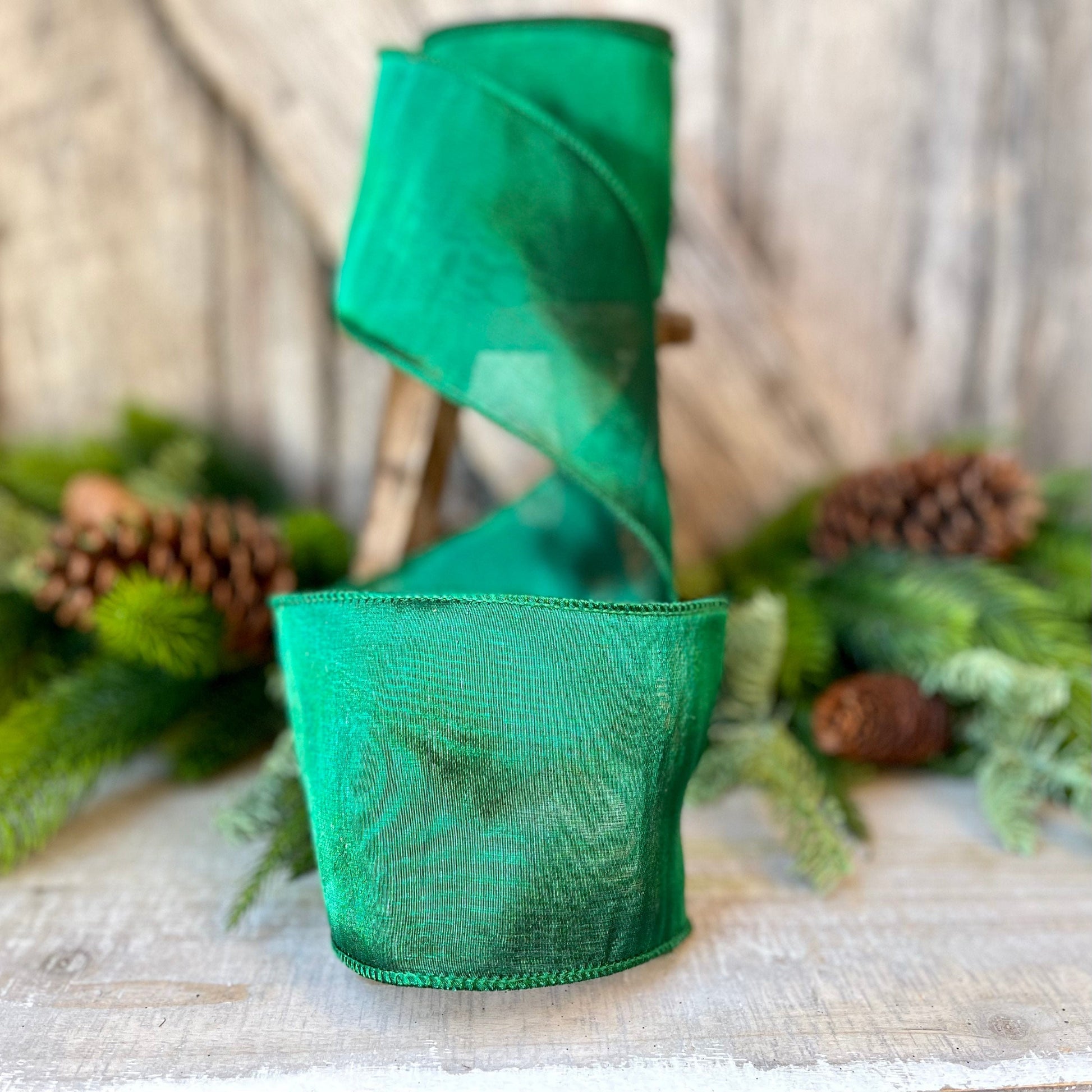 Emerald Green Double Sheer Ribbon, 4&quot; Emerald ribbon, Christmas Tree Ribbon, ribbon, green ribbon, wreath supply, wired ribbon