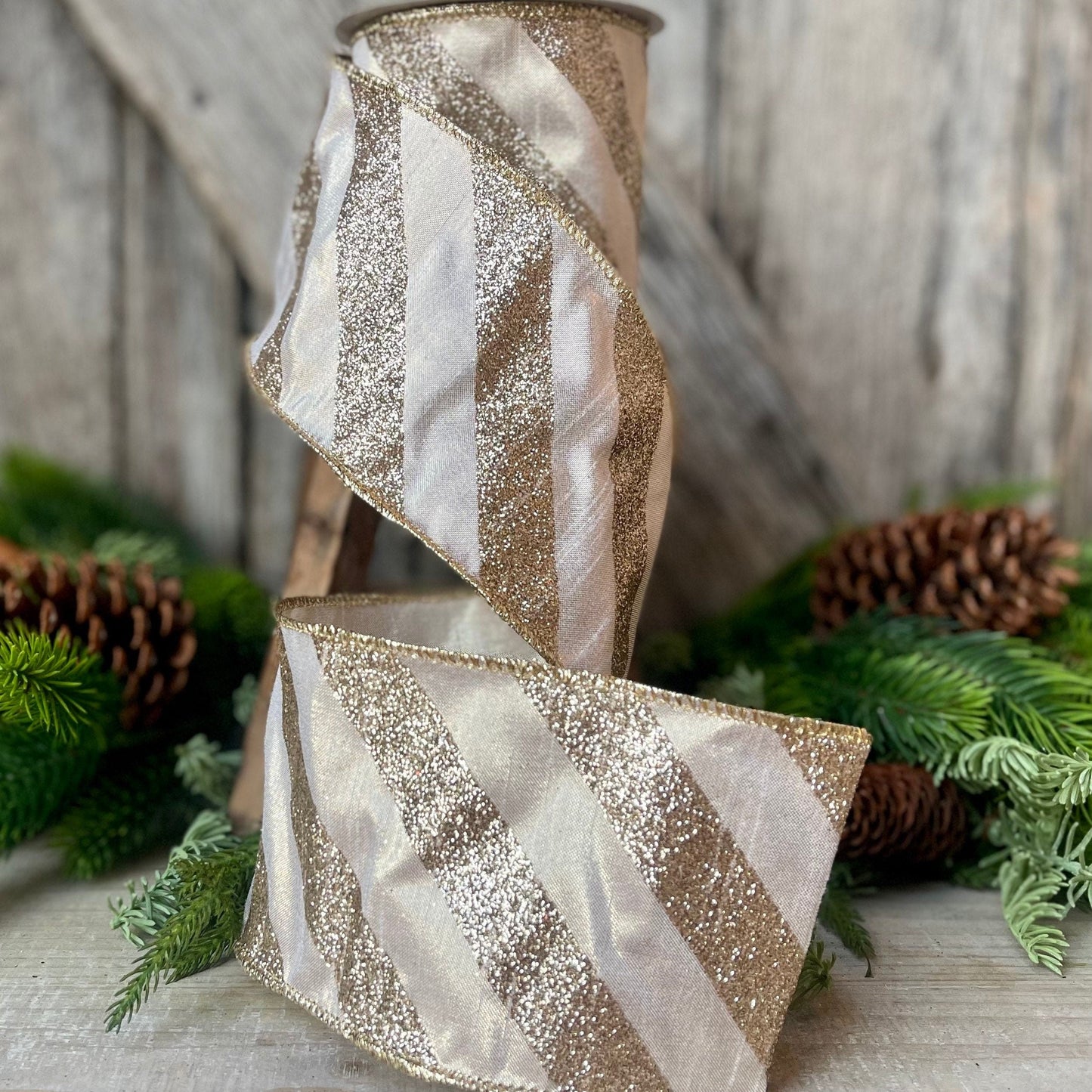 4&quot; Platinum Diagonal Stripe Ribbon, Champagne Gold 4 inch ribbon, christmas ribbon, luxury ribbon, Farrisilk ribbon, Christmas Tree Ribbon