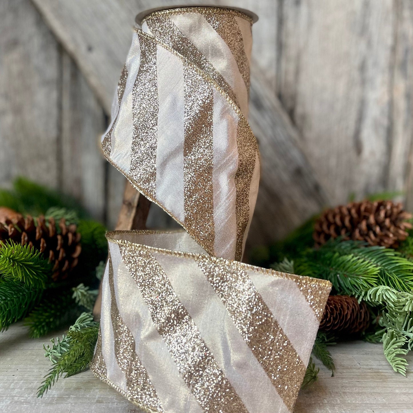 4&quot; Platinum Diagonal Stripe Ribbon, Champagne Gold 4 inch ribbon, christmas ribbon, luxury ribbon, Farrisilk ribbon, Christmas Tree Ribbon