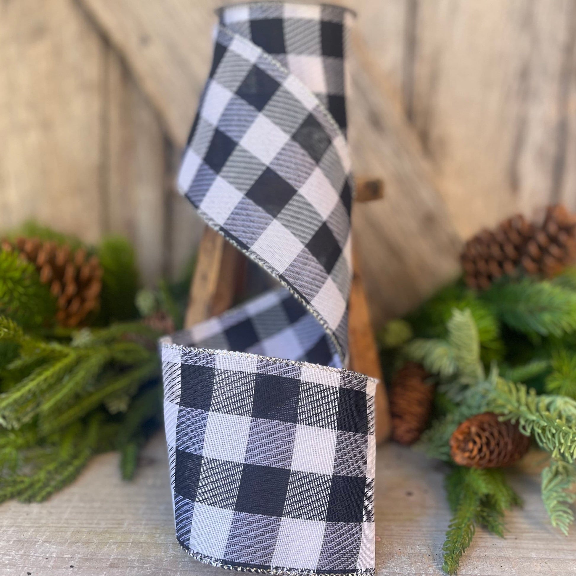 4&quot; Black and White Gingham Check, Black and White Buffalo Plaid Ribbon, Wired Ribbon, Christmas Ribbon, Seasonal Ribbon, Christmas Tree