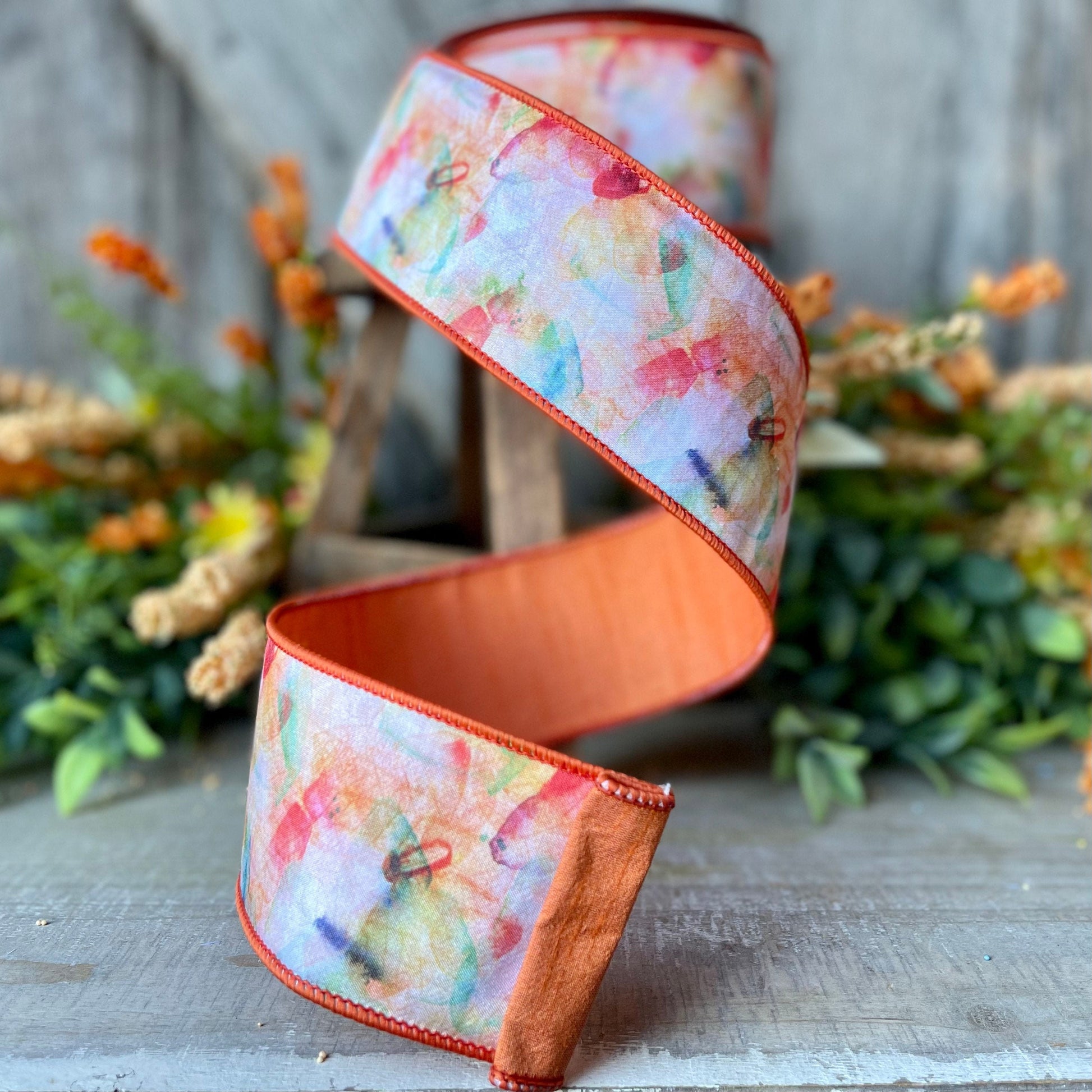 2.5&quot; Orange Abstract Butterfly by Farrisilk, Spring Ribbon, Butterfly Ribbon, Watercolor Ribbon, Orange Ribbon, Wired RIbbon