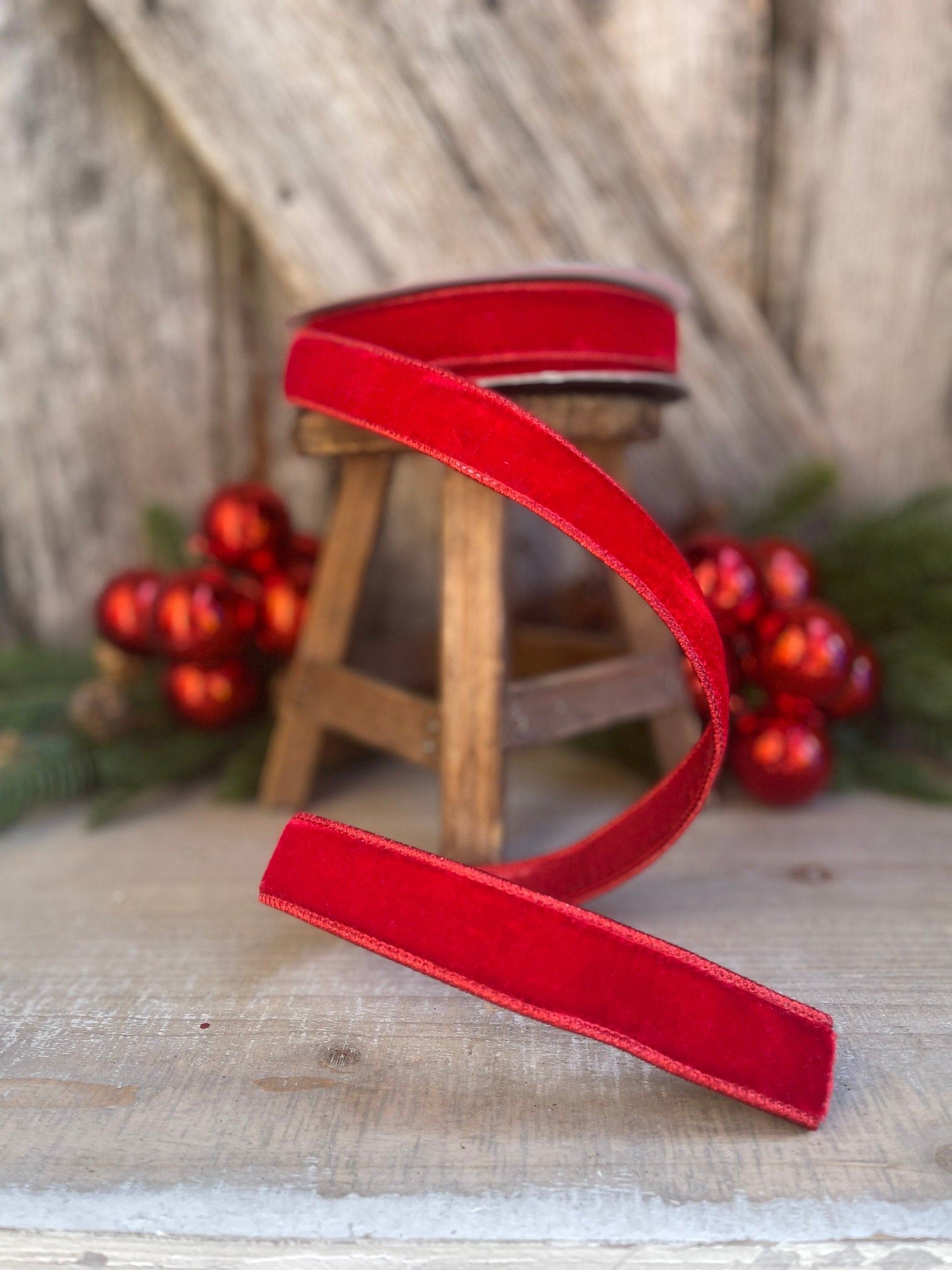 1&quot; Red Velvet Luster Wired Ribbon, Farrisilk Ribbon, Velvet Ribbon, Red Velvet Ribbon, Christmas Ribbon, Wired Ribbon, Holiday Decor