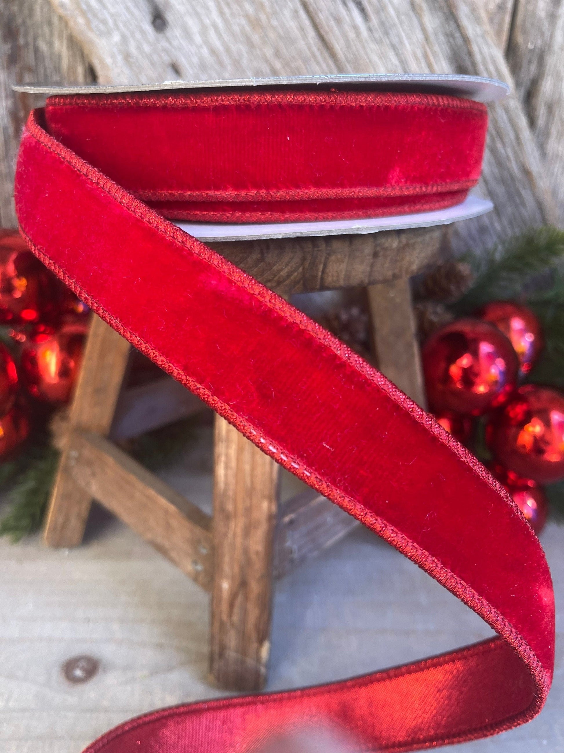 1&quot; Red Velvet Luster Wired Ribbon, Farrisilk Ribbon, Velvet Ribbon, Red Velvet Ribbon, Christmas Ribbon, Wired Ribbon, Holiday Decor