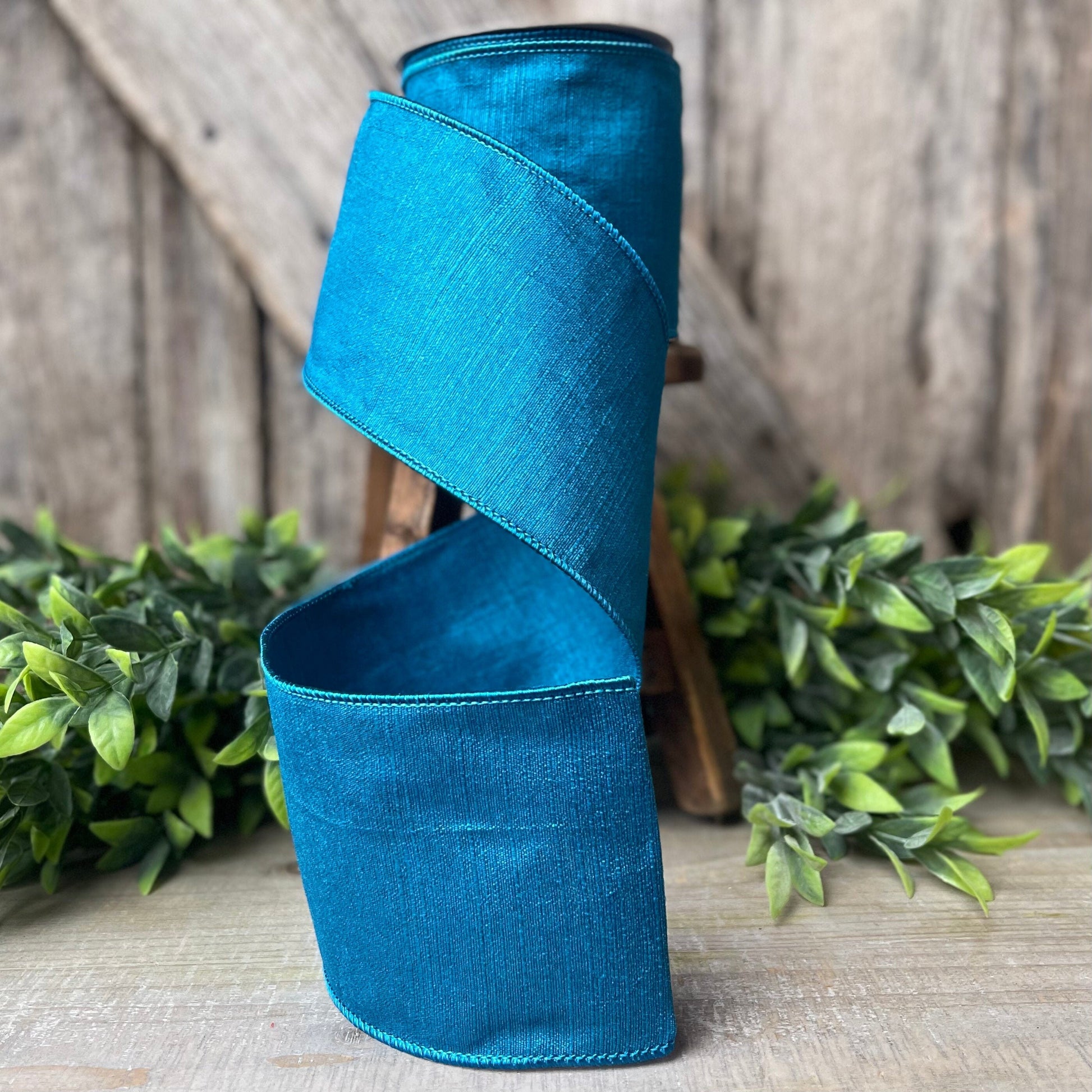 4&quot; Turquoise Blue Ribbon, Farrisilk Shabby Silk, 2.5 inch ribbon, teal ribbon, blue ribbon trim, wired ribbon, wreath supply, floral supply