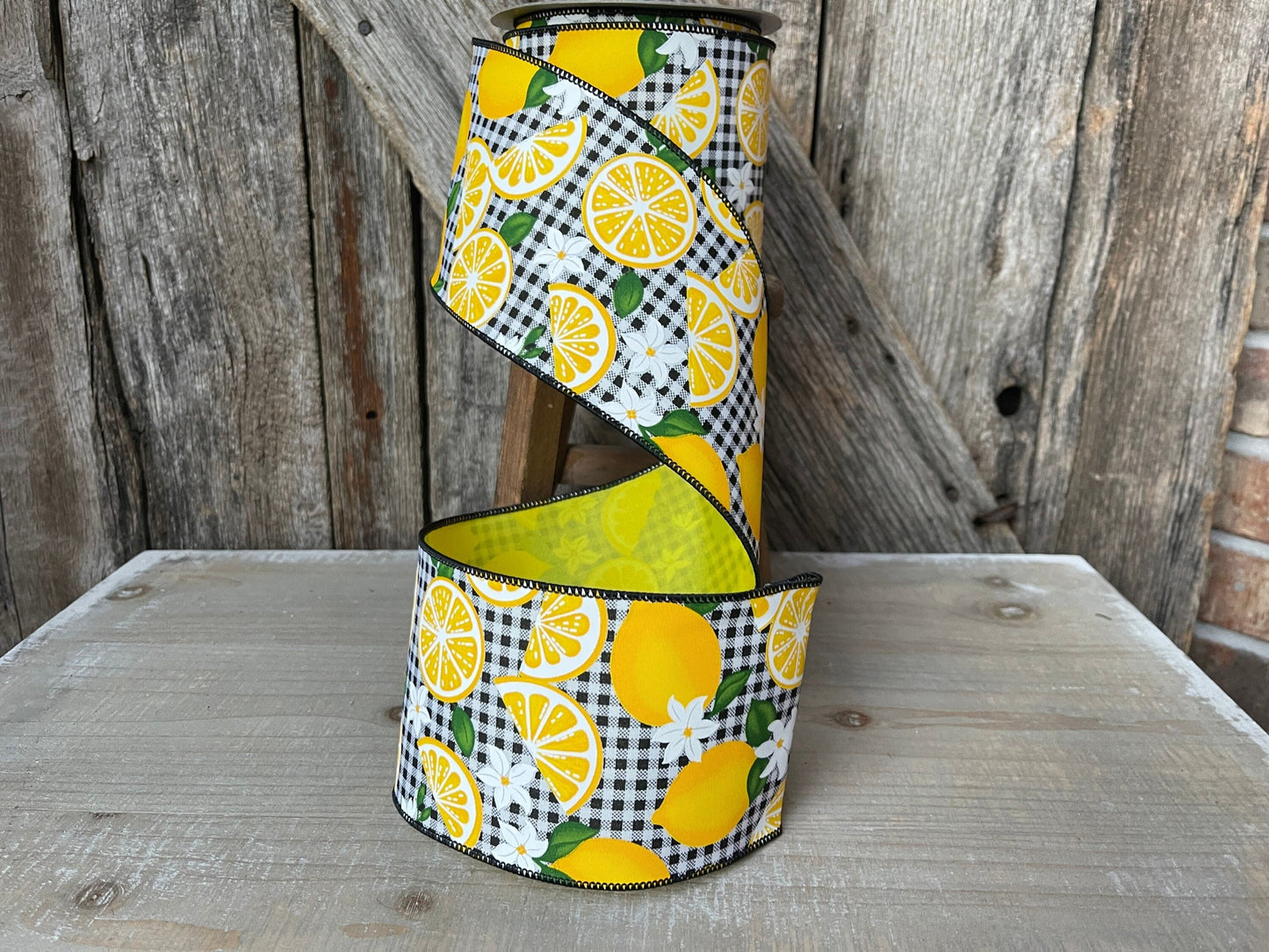 4&quot; Farrisilk Lemon Ribbon, 10 Yards, Lemon Ribbon, Yellow and Black Ribbon, Gingham ribbon, summer ribbon