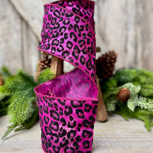 4&quot; Hot Pink Cheetah Leopard Ribbon by Farrisilk, Wired Ribbon, Christmas Ribbon, Hot Pink Ribbon, Pink and Black Ribbon, Seasonal Decor