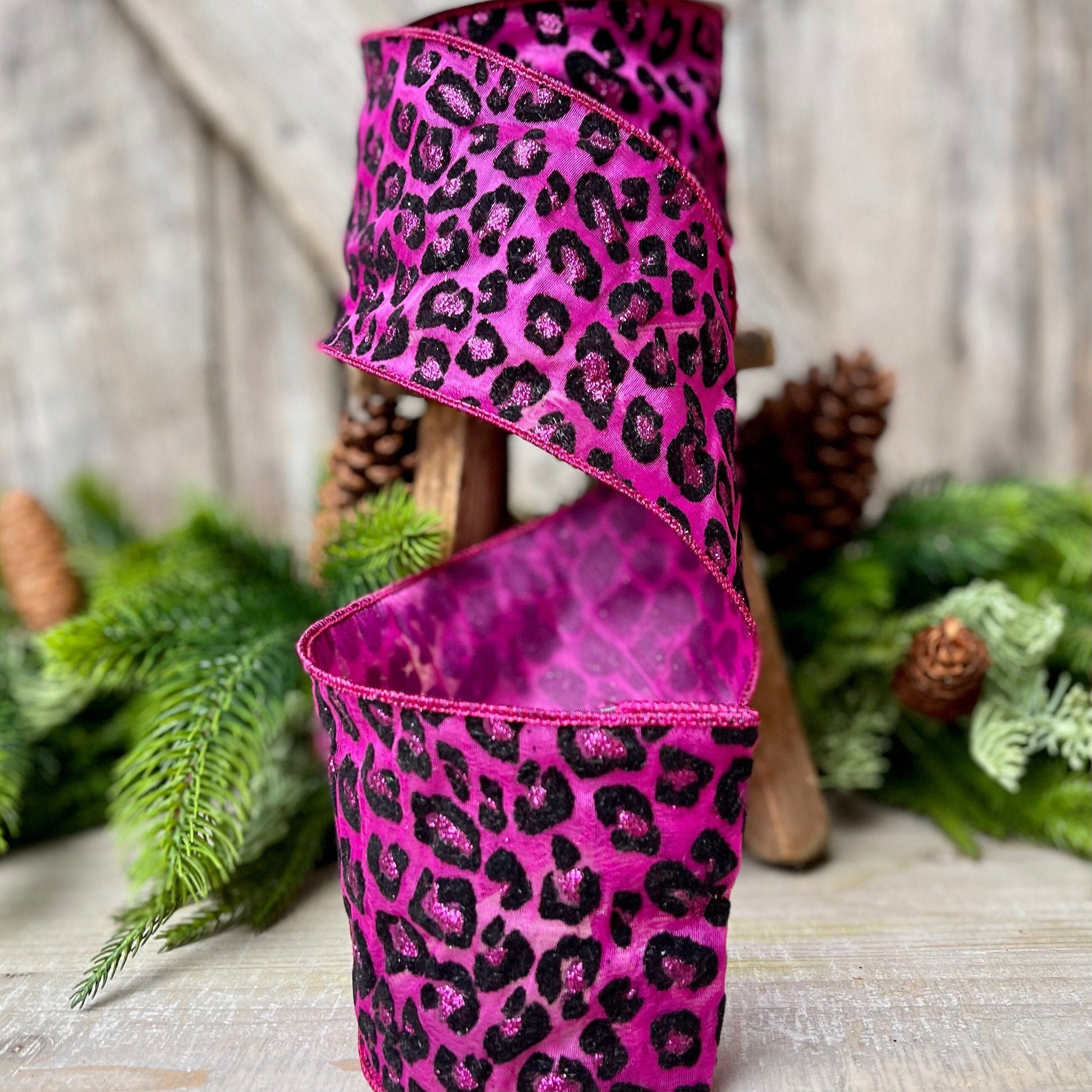 4&quot; Hot Pink Cheetah Leopard Ribbon by Farrisilk, Wired Ribbon, Christmas Ribbon, Hot Pink Ribbon, Pink and Black Ribbon, Seasonal Decor