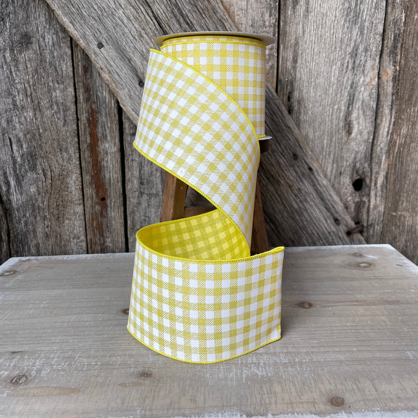 4 inch ribbon yellow picnic checks, luxury ribbon, yellow burlap ribbon, wired ribbon, summer ribbon