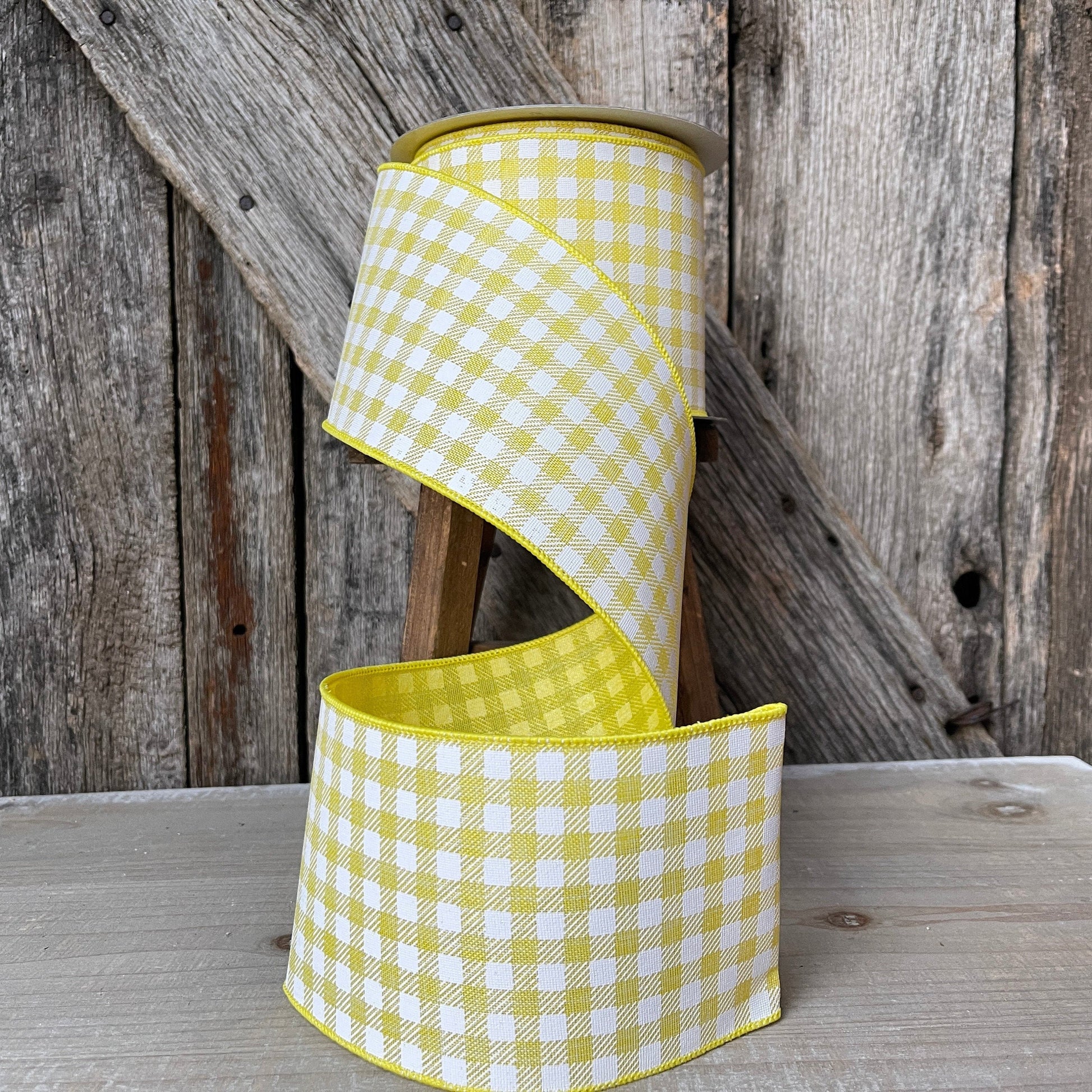 4 inch ribbon yellow picnic checks, luxury ribbon, yellow burlap ribbon, wired ribbon, summer ribbon