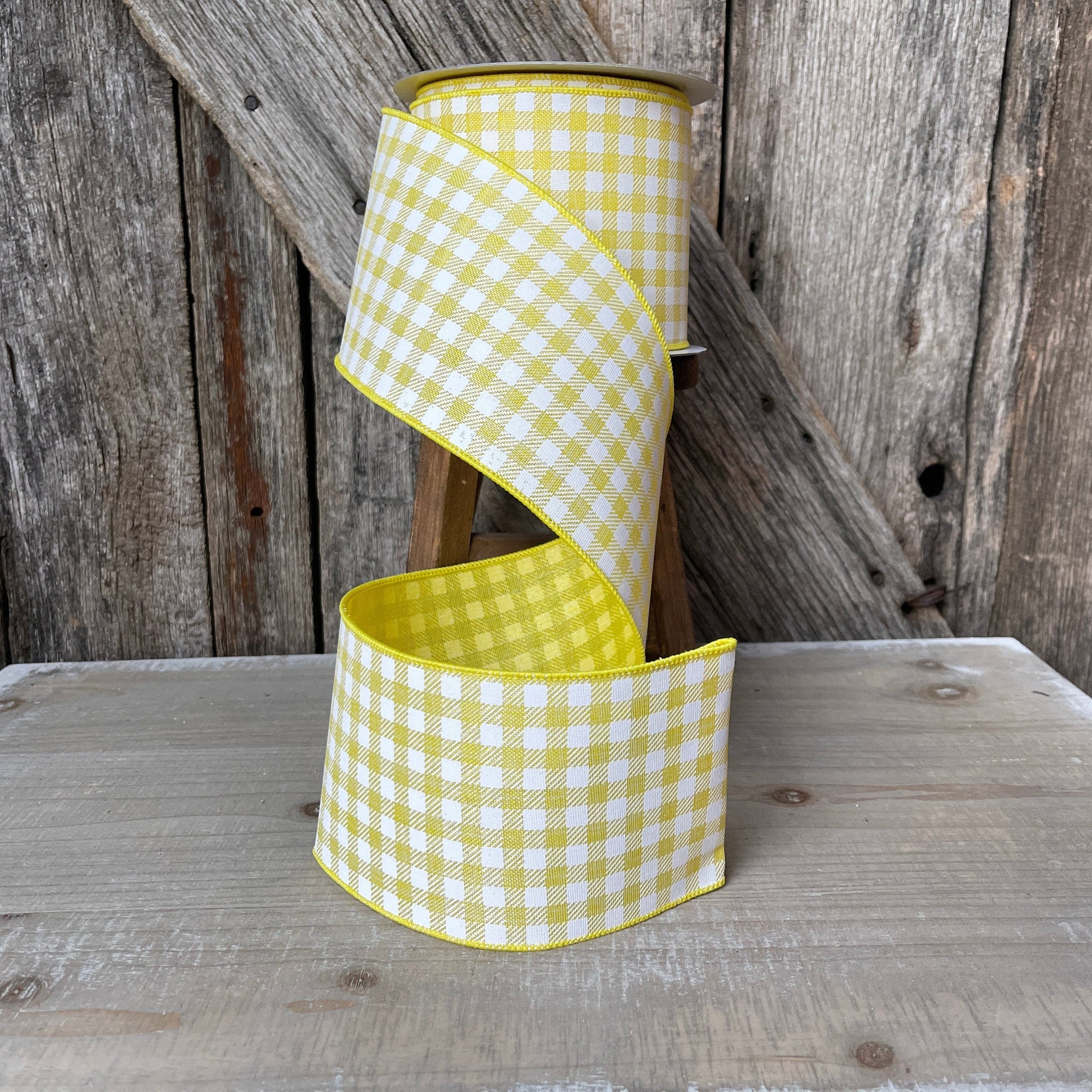 4 inch ribbon yellow picnic checks, luxury ribbon, yellow burlap ribbon, wired ribbon, summer ribbon