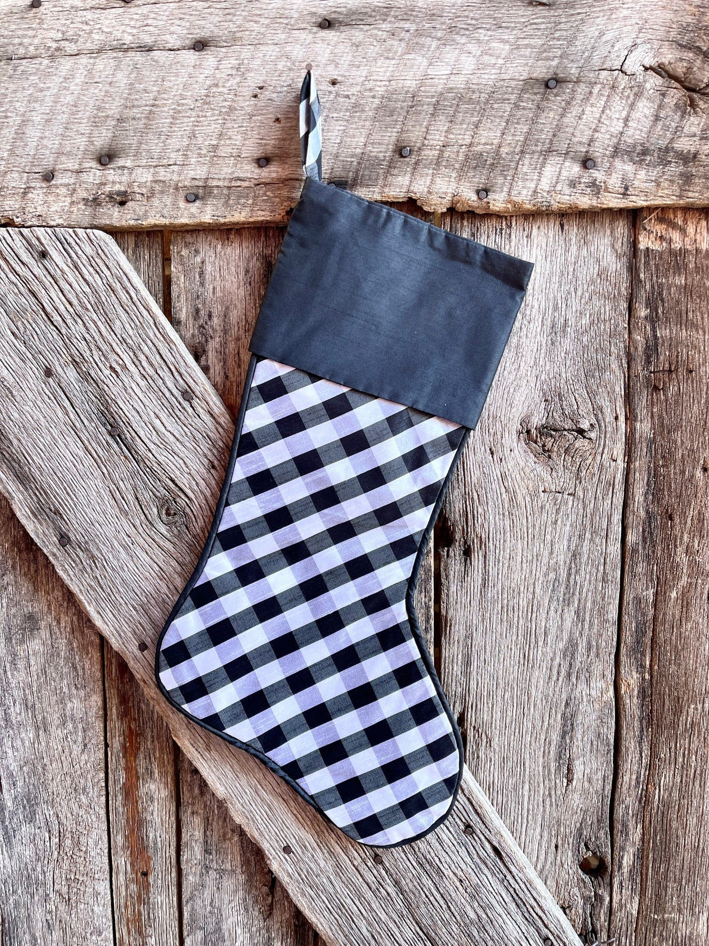 Black and white buffalo plaid stocking, Christmas stocking, stocking, black white check stocking, farmhouse stocking, farmhouse Christmas