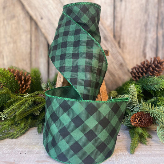 4&quot; Black and Green Diagonal Plaid, Black and Green Buffalo Plaid Ribbon, Wired Ribbon, Christmas Ribbon, Seasonal Ribbon, Christmas Tree