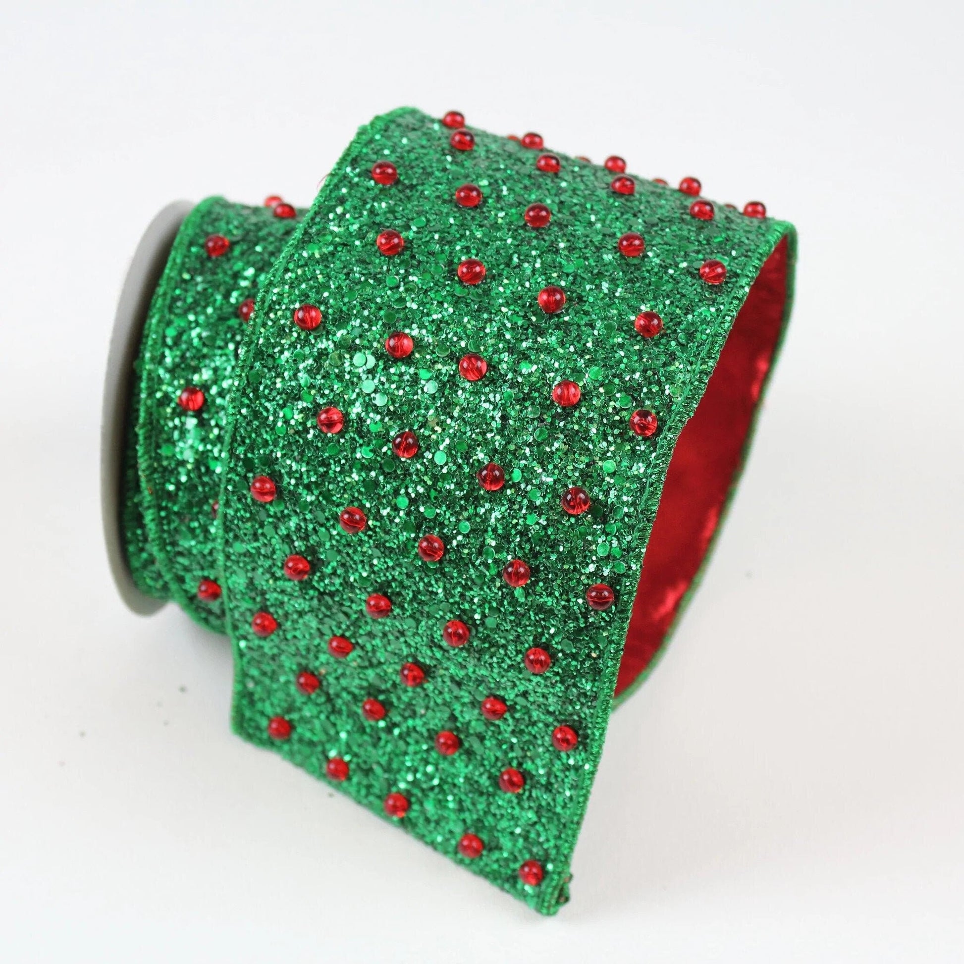 4&quot; Emerald Green and Red Christmas Ribbon, Christmas Tree Ribbon, Cristmas Decor, Wired RIbbon, Designer RIbbon, Farrisilk Ribbon