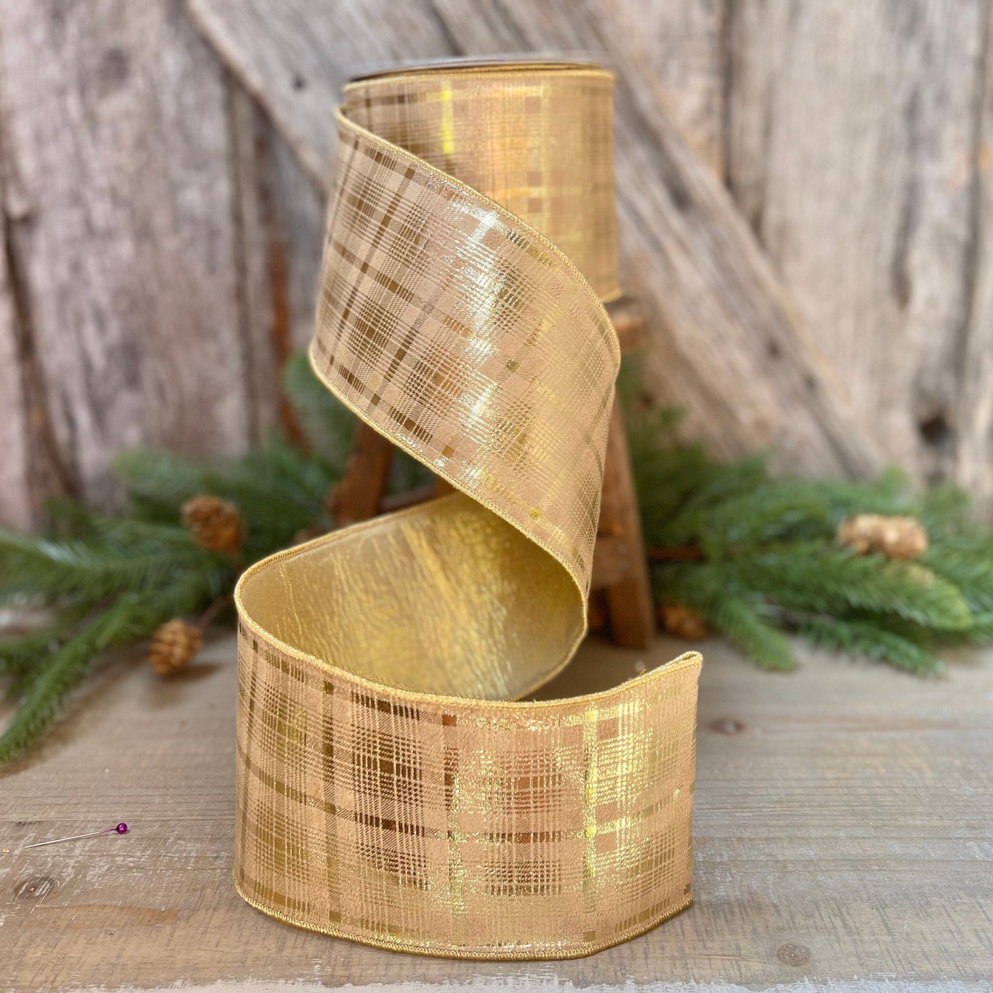 4&quot; Farrisilk Flashy Gold Plaid Wired Ribbon, Christmas Tree Ribbon, Metallic Gold Ribbon, Champagne Gold Ribbon, Wired Ribbon, Christmas