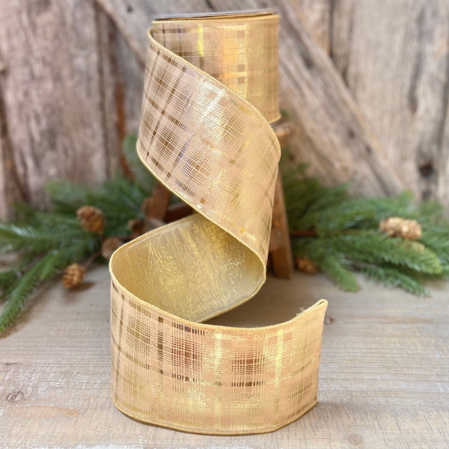 4&quot; Farrisilk Flashy Gold Plaid Wired Ribbon, Christmas Tree Ribbon, Metallic Gold Ribbon, Champagne Gold Ribbon, Wired Ribbon, Christmas