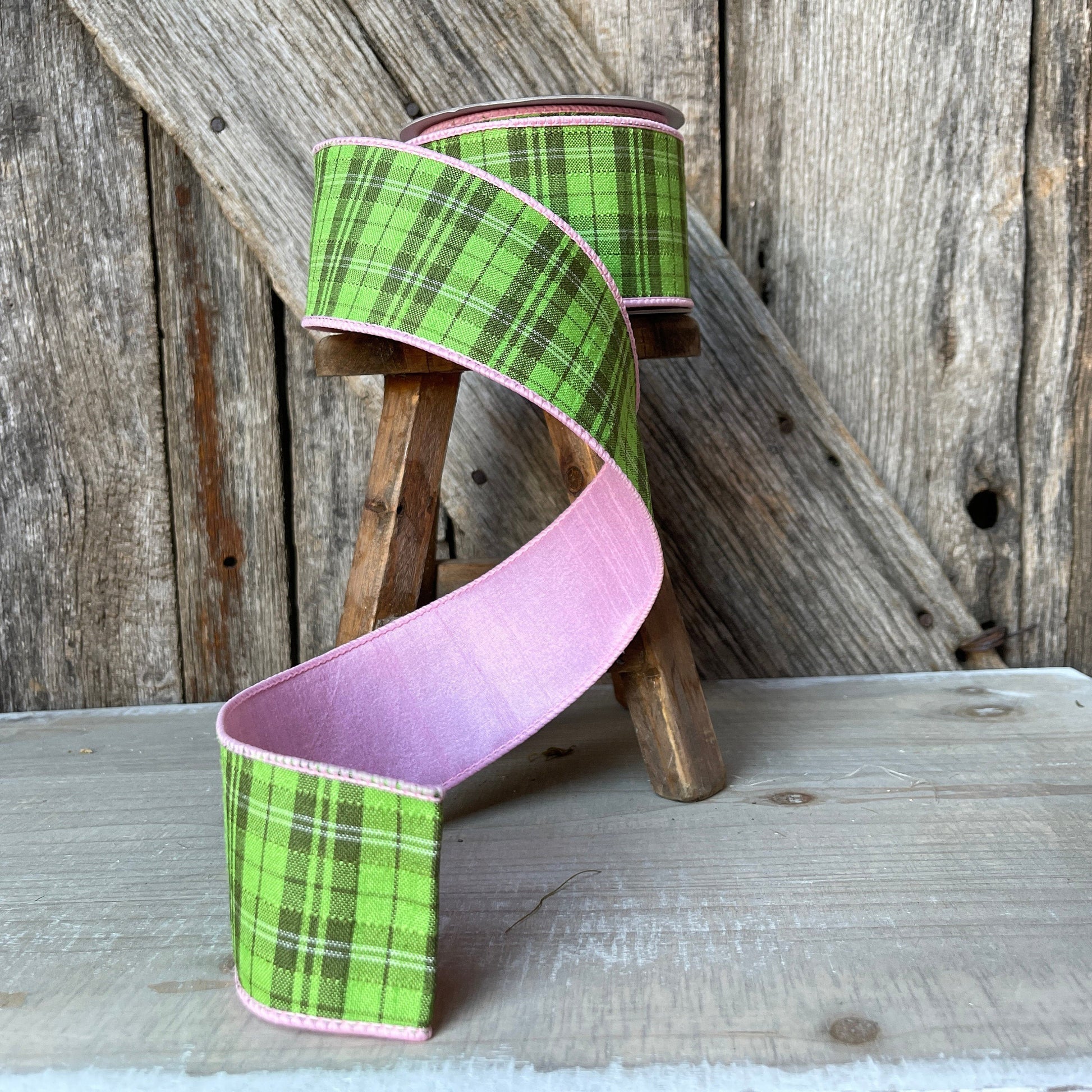 2.5&quot; Farrisilk Wired Ribbon with Green Plaid and Pink Backing