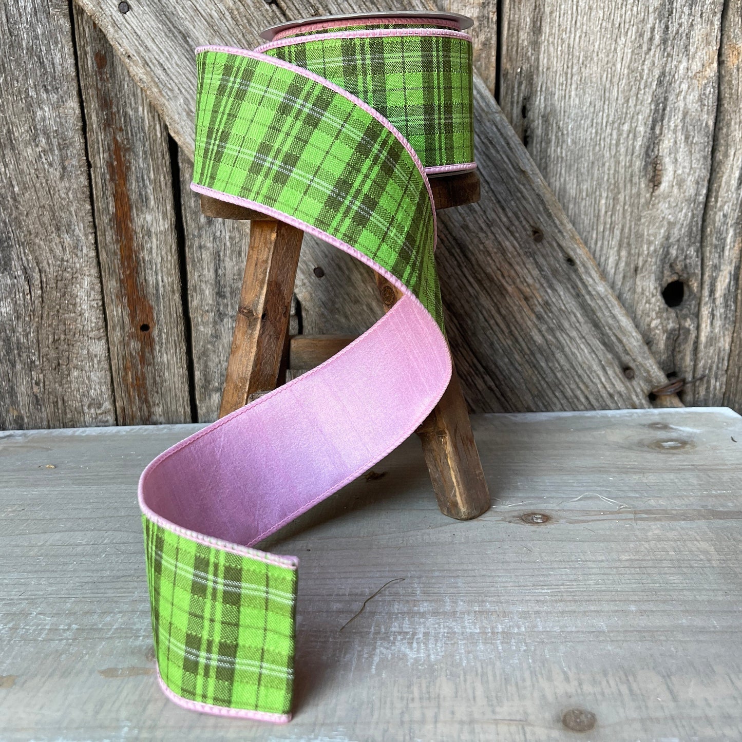 2.5&quot; Farrisilk Wired Ribbon with Green Plaid and Pink Backing