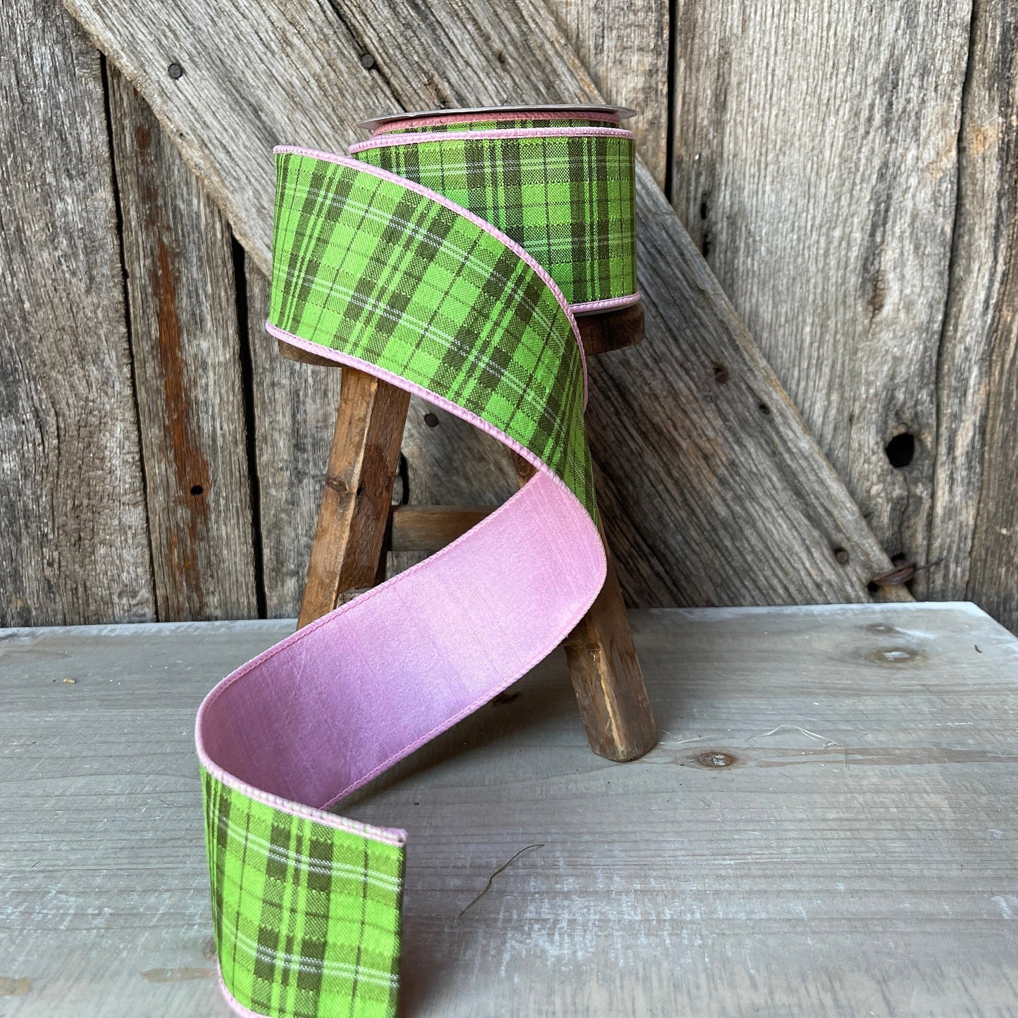 2.5&quot; Farrisilk Wired Ribbon with Green Plaid and Pink Backing