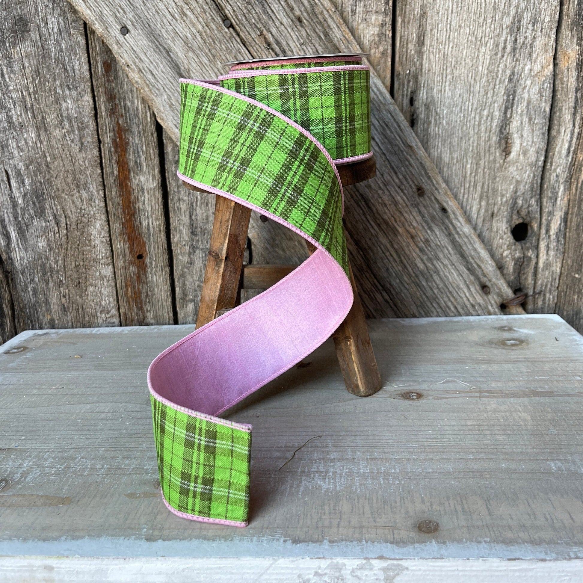 2.5&quot; Farrisilk Wired Ribbon with Green Plaid and Pink Backing