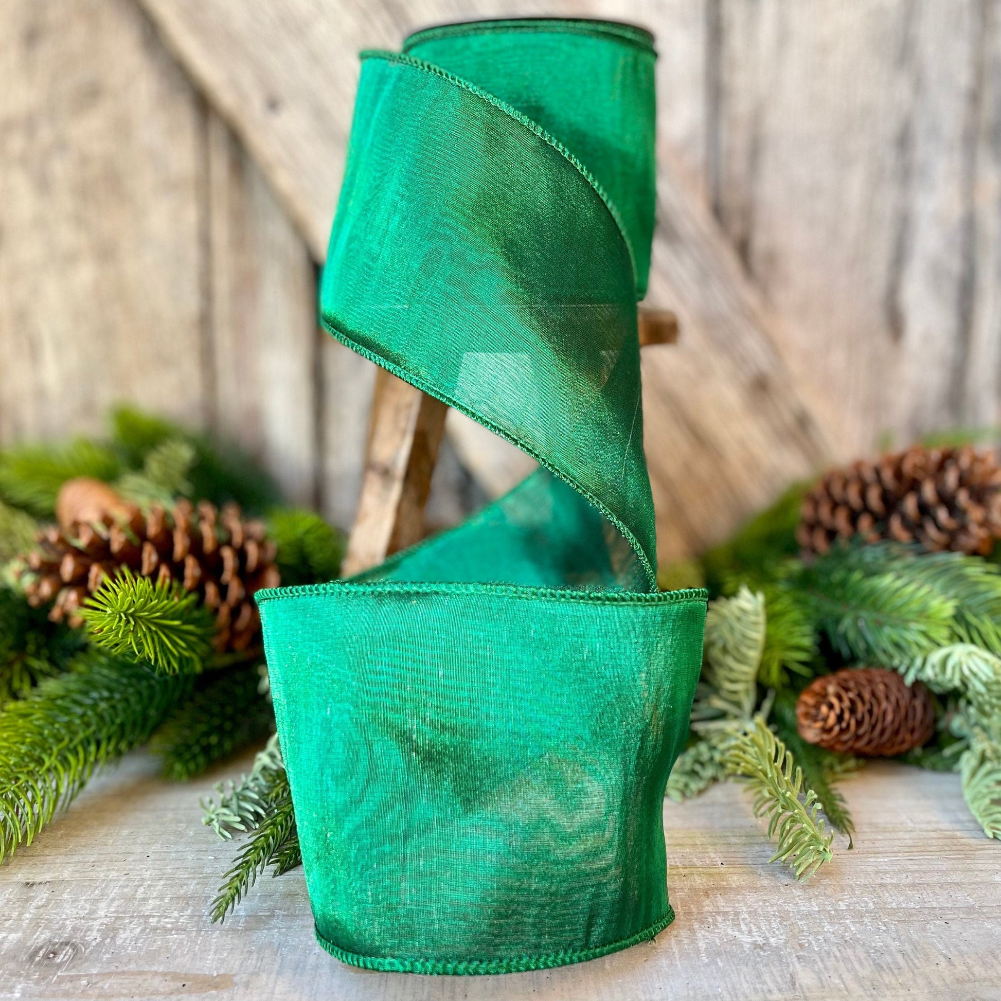 Emerald Green Double Sheer Ribbon, 4&quot; Emerald ribbon, Christmas Tree Ribbon, ribbon, green ribbon, wreath supply, wired ribbon