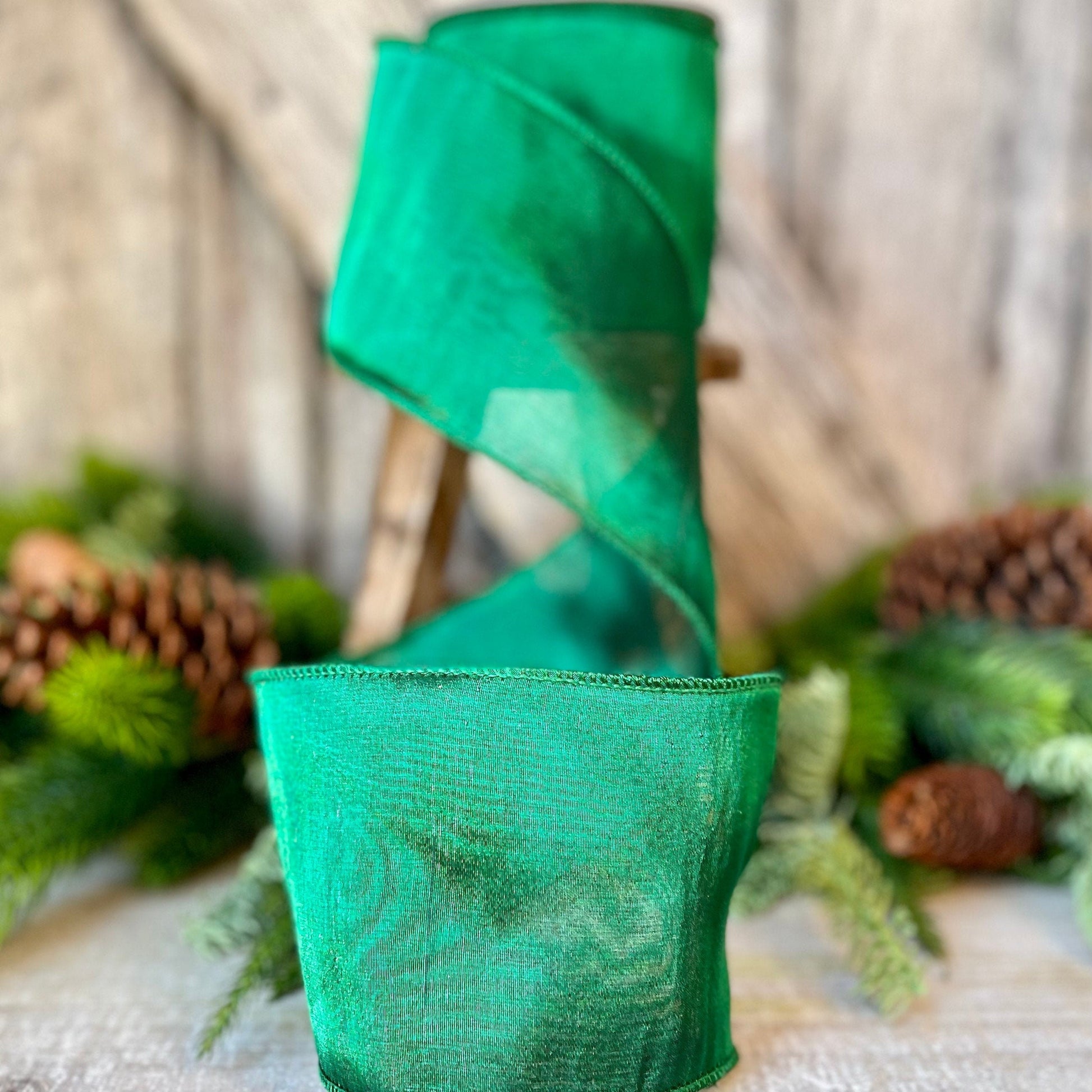 Emerald Green Double Sheer Ribbon, 4&quot; Emerald ribbon, Christmas Tree Ribbon, ribbon, green ribbon, wreath supply, wired ribbon