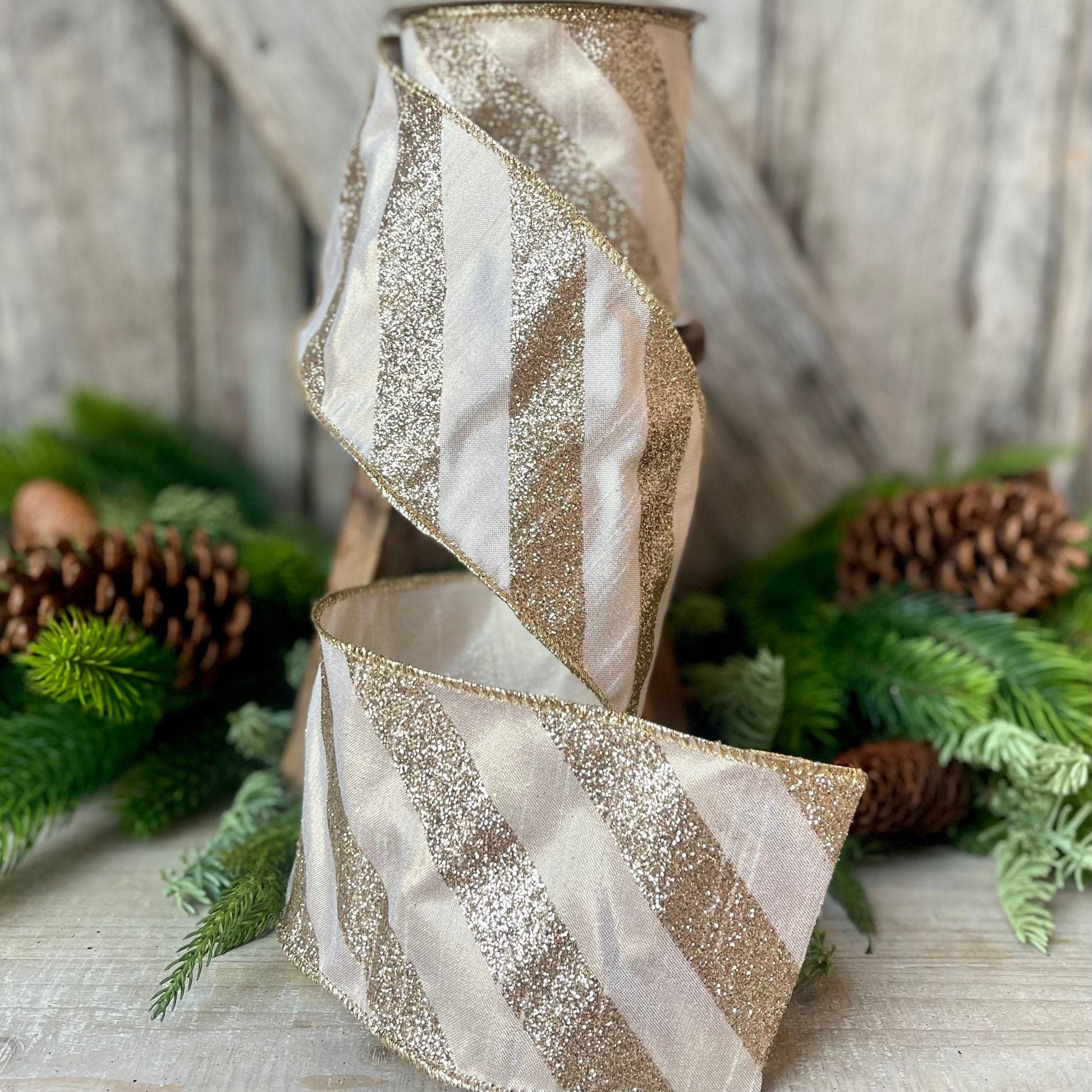 4&quot; Platinum Diagonal Stripe Ribbon, Champagne Gold 4 inch ribbon, christmas ribbon, luxury ribbon, Farrisilk ribbon, Christmas Tree Ribbon