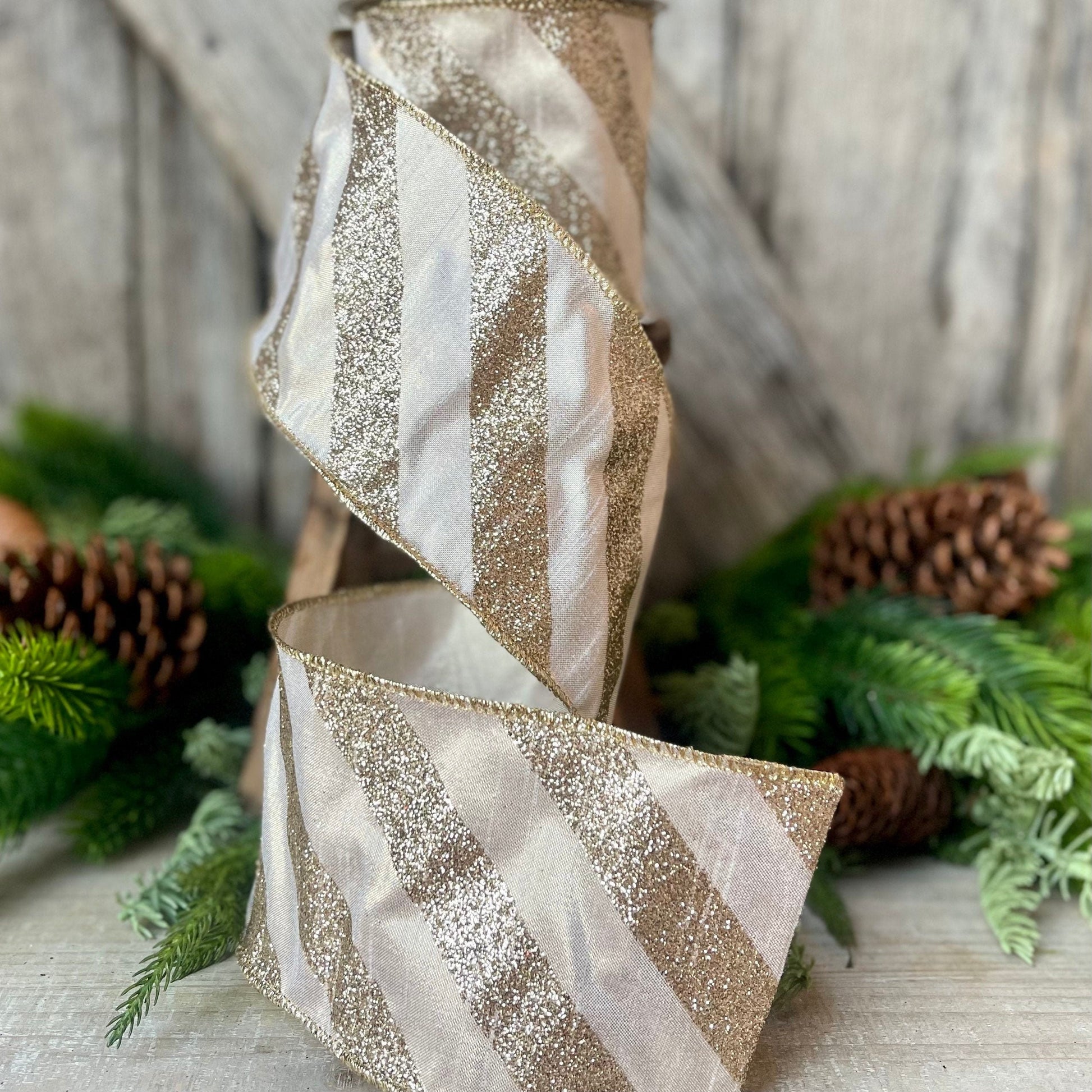 4&quot; Platinum Diagonal Stripe Ribbon, Champagne Gold 4 inch ribbon, christmas ribbon, luxury ribbon, Farrisilk ribbon, Christmas Tree Ribbon