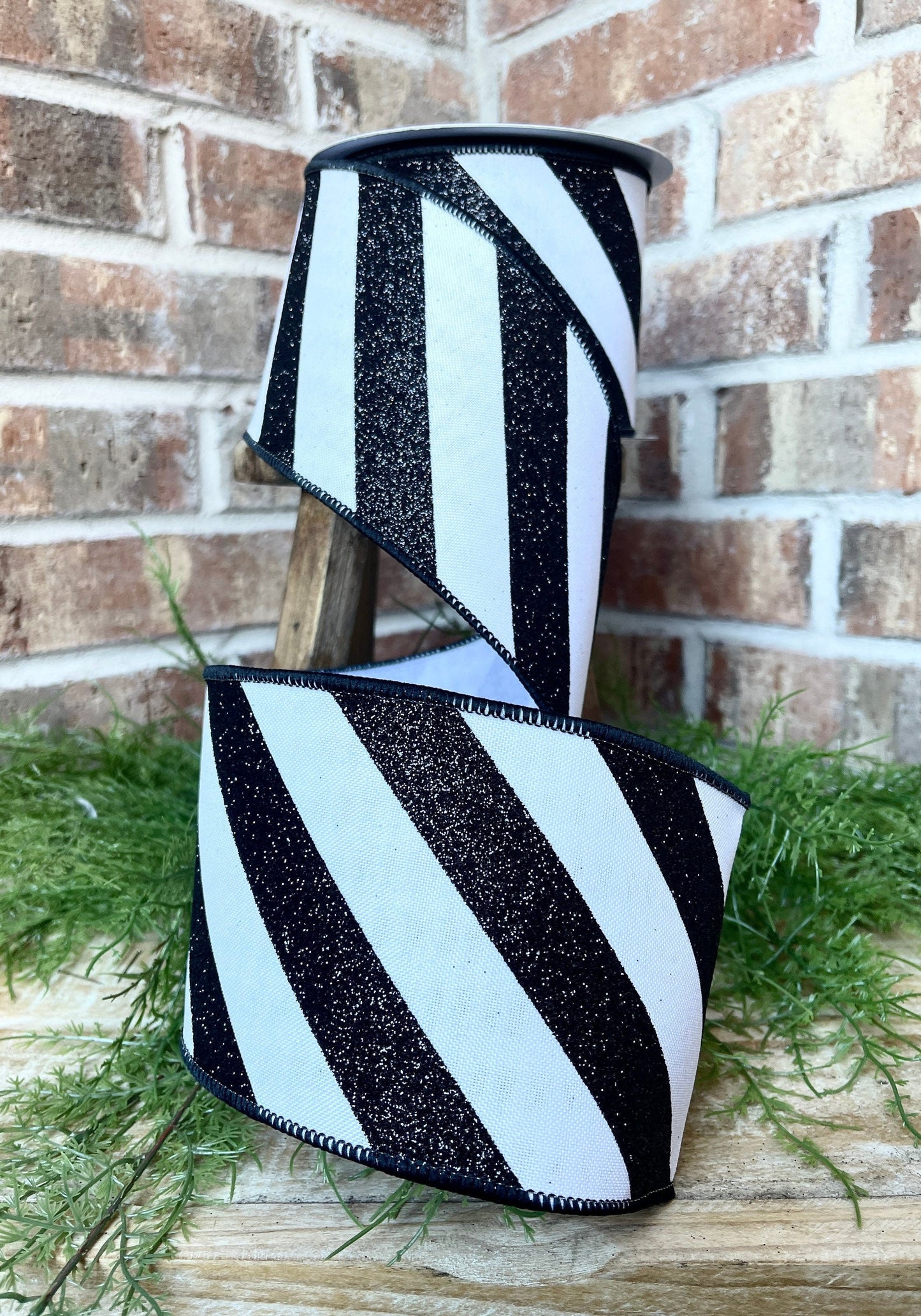 10 yards, Christmas Ribbon, 4 inch Wired Ribbon, Diagonal Stripe, glitter candy stripe, black and white ribbon, Farrisilk