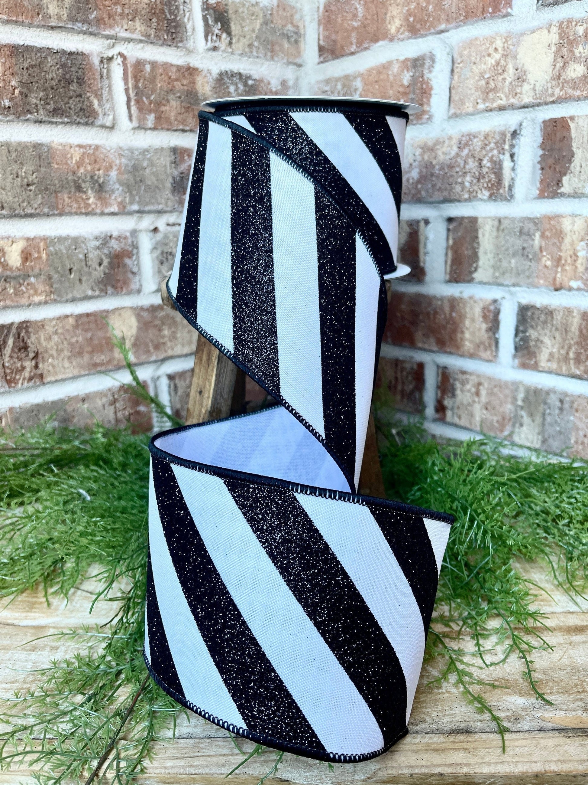 10 yards, Christmas Ribbon, 4 inch Wired Ribbon, Diagonal Stripe, glitter candy stripe, black and white ribbon, Farrisilk