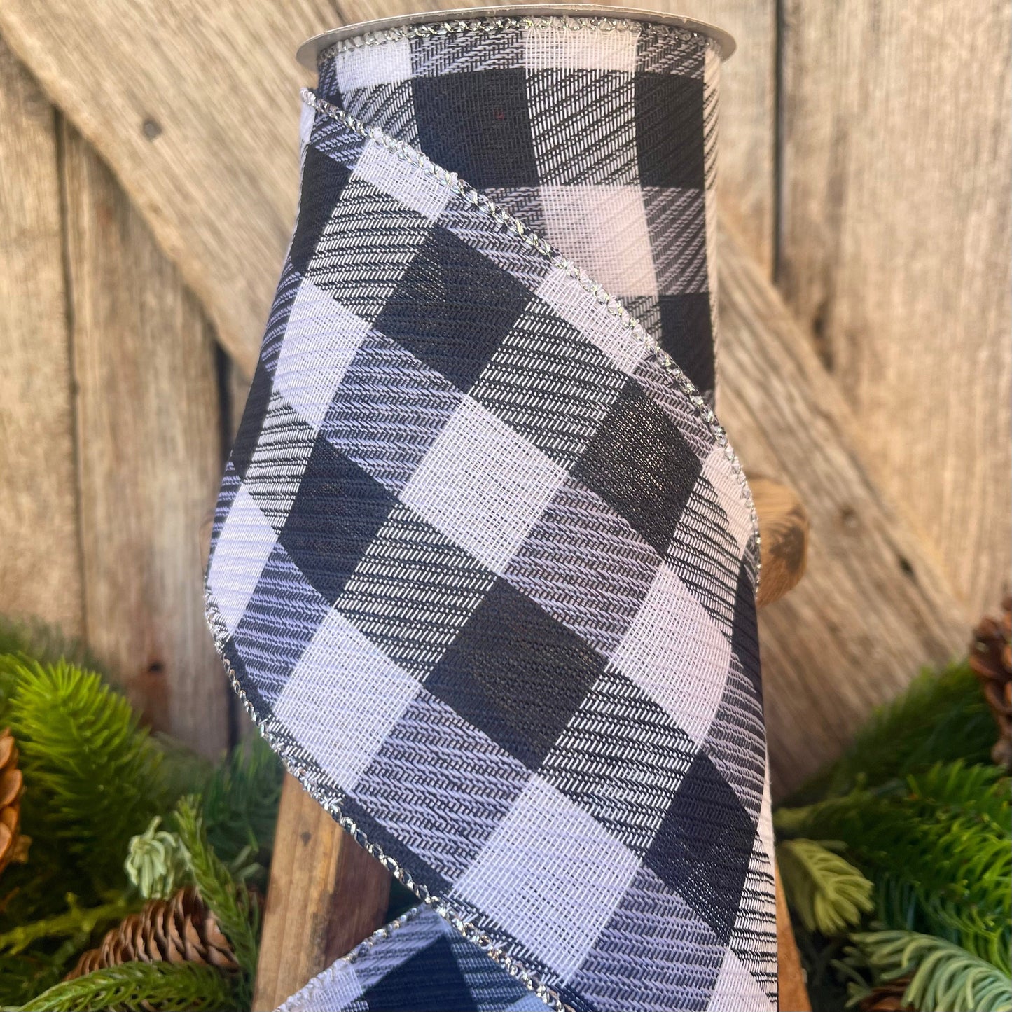 4&quot; Black and White Gingham Check, Black and White Buffalo Plaid Ribbon, Wired Ribbon, Christmas Ribbon, Seasonal Ribbon, Christmas Tree