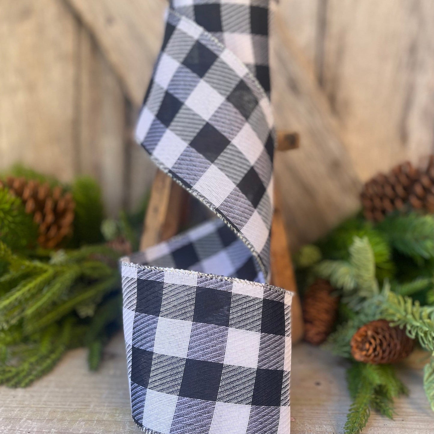 4&quot; Black and White Gingham Check, Black and White Buffalo Plaid Ribbon, Wired Ribbon, Christmas Ribbon, Seasonal Ribbon, Christmas Tree