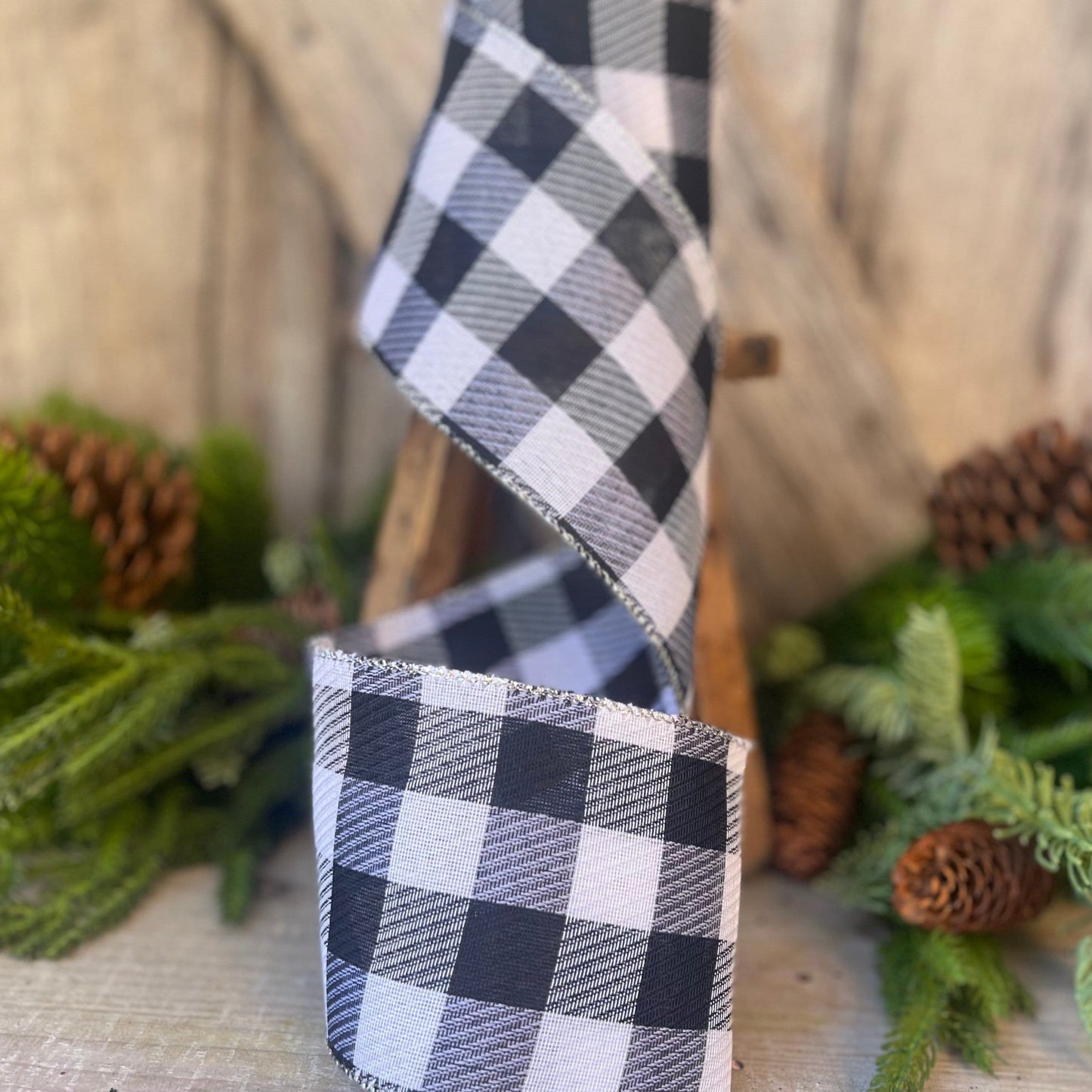 4&quot; Black and White Gingham Check, Black and White Buffalo Plaid Ribbon, Wired Ribbon, Christmas Ribbon, Seasonal Ribbon, Christmas Tree